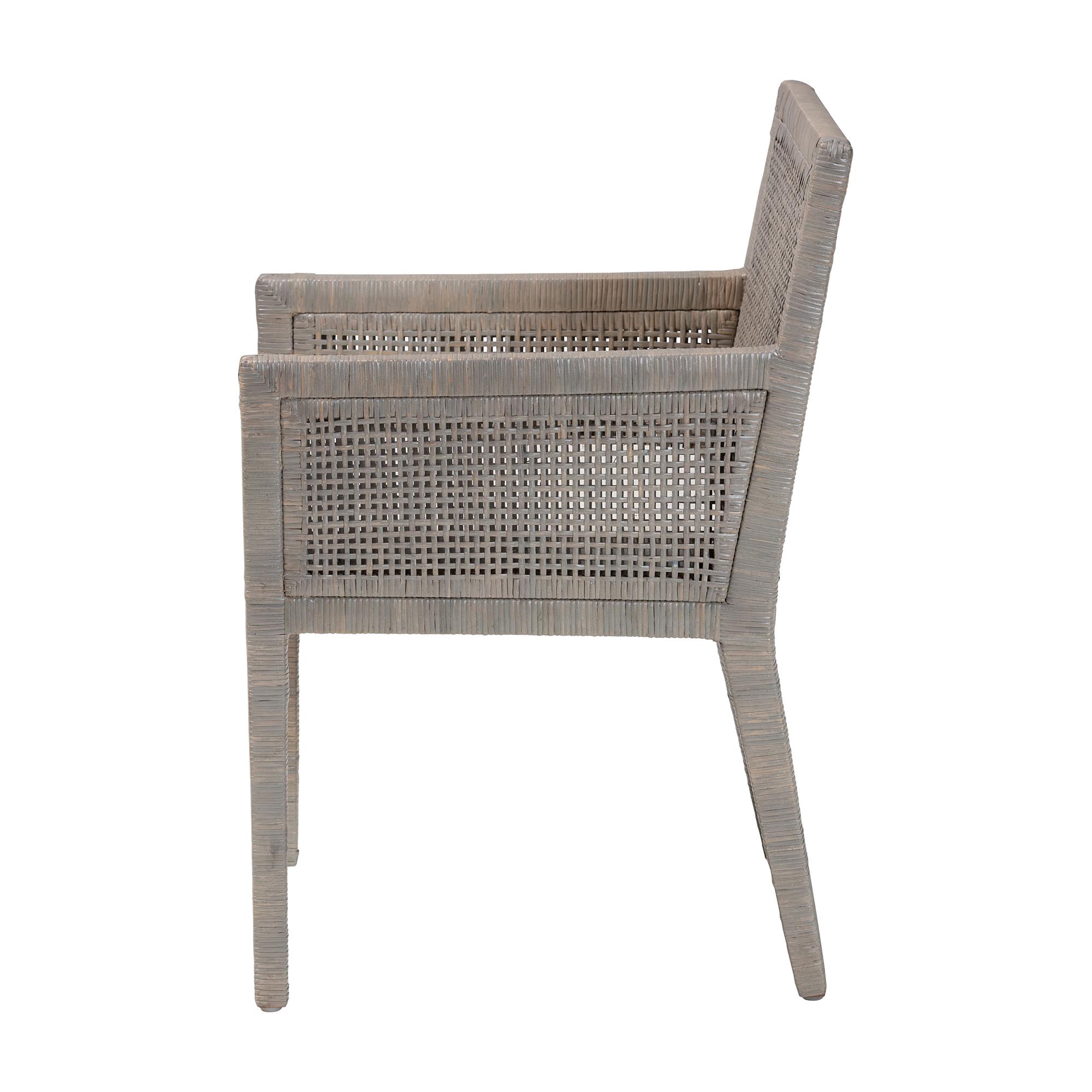 bali & pari Karis Rattan Dining Chair with Cushion - Handwoven Wicker Armchair with Mahogany Wood Frame, Coastal Boho Style Indoor Seating, French Grey