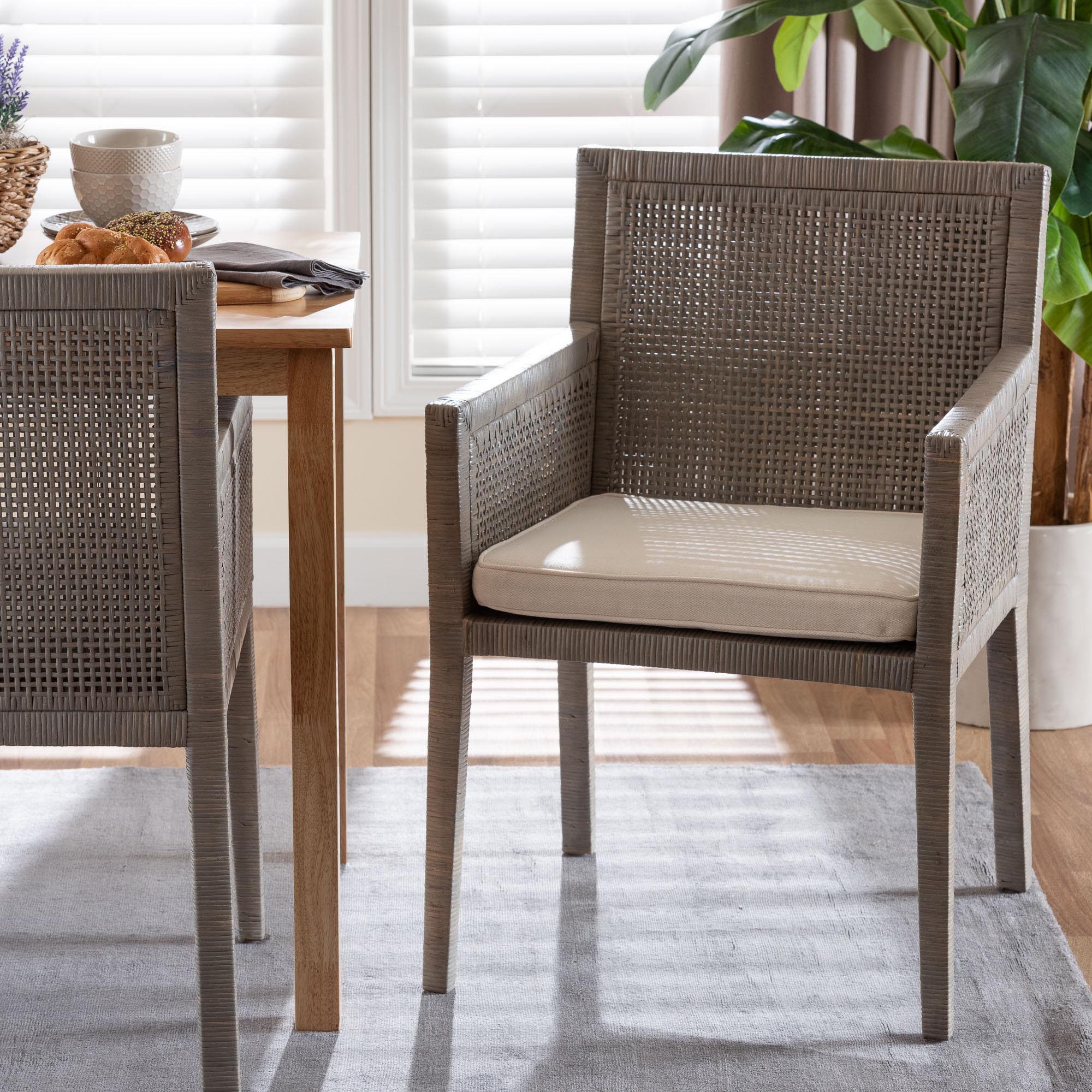 bali & pari Karis Rattan Dining Chair with Cushion - Handwoven Wicker Armchair with Mahogany Wood Frame, Coastal Boho Style Indoor Seating, French Grey