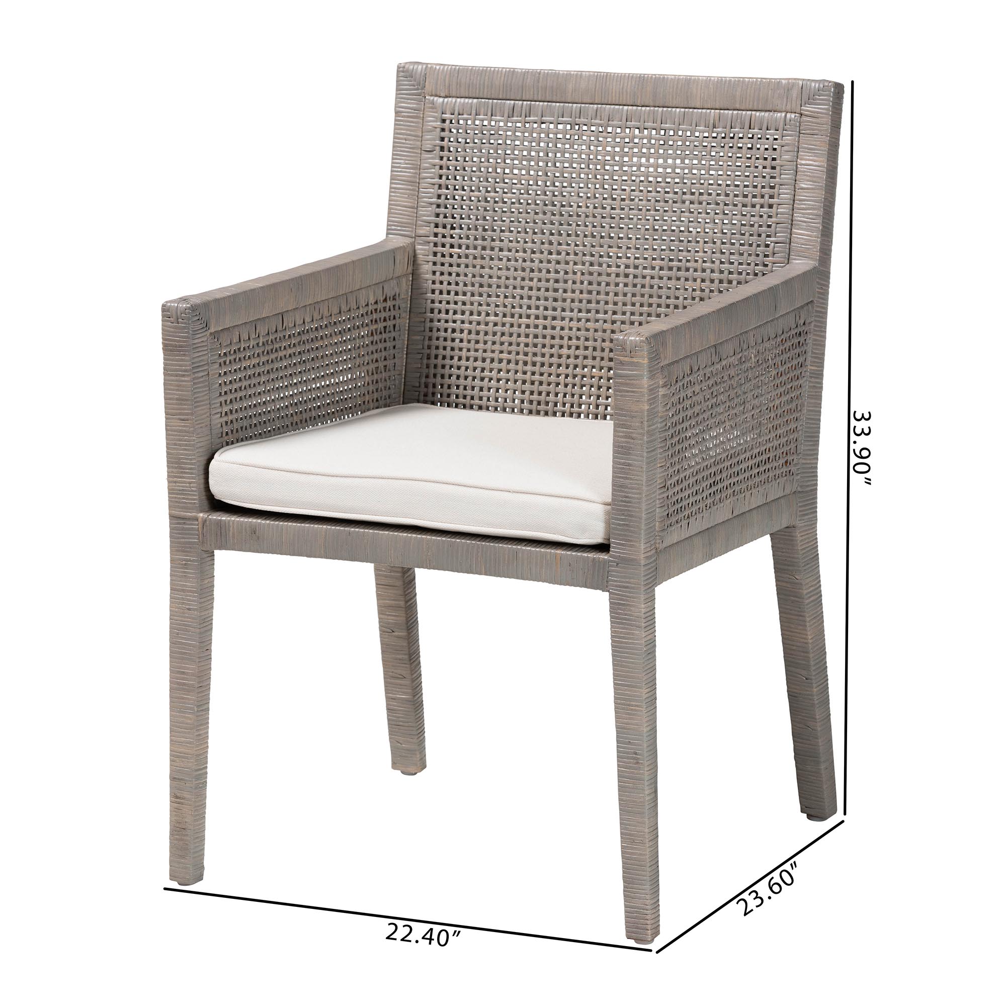bali & pari Karis Rattan Dining Chair with Cushion - Handwoven Wicker Armchair with Mahogany Wood Frame, Coastal Boho Style Indoor Seating, French Grey