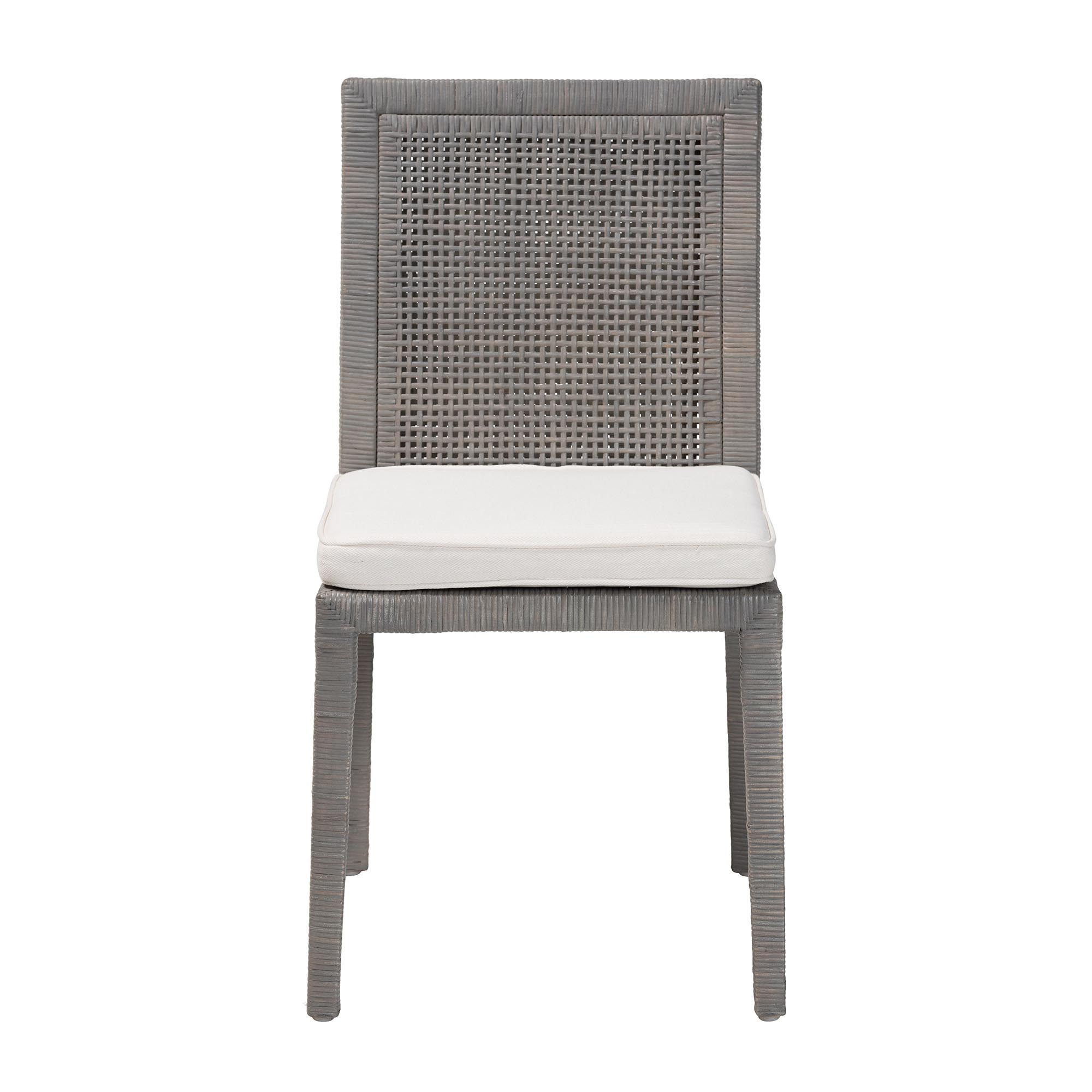 bali & pari Sofia Rattan Dining Chair with Cushion - Handwoven Wicker Side Chair with Mahogany Wood Frame, Coastal Boho Style Indoor Seating, French Grey