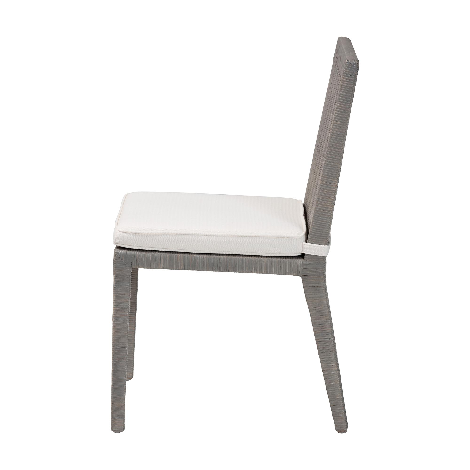 bali & pari Sofia Rattan Dining Chair with Cushion - Handwoven Wicker Side Chair with Mahogany Wood Frame, Coastal Boho Style Indoor Seating, French Grey