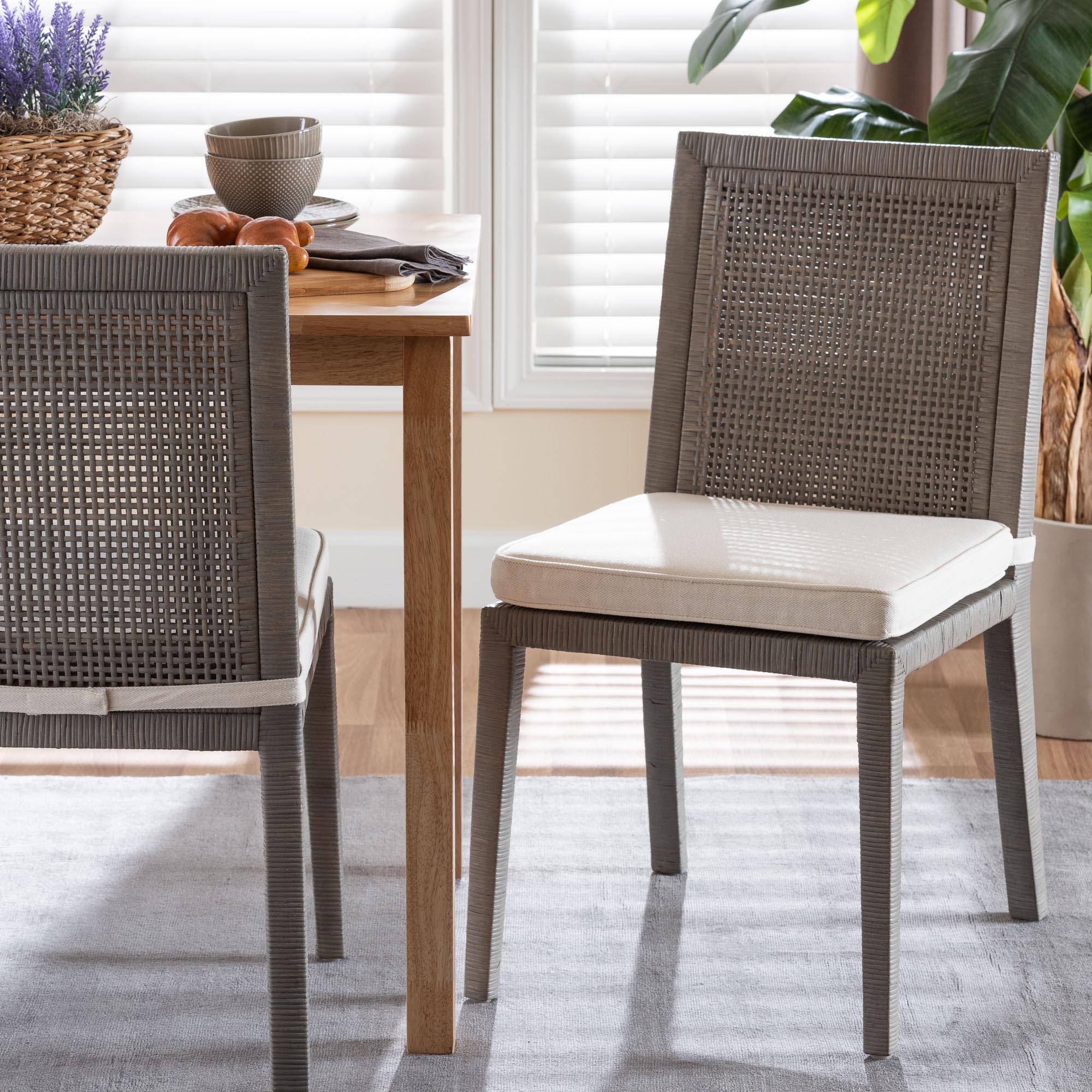 bali & pari Sofia Rattan Dining Chair with Cushion - Handwoven Wicker Side Chair with Mahogany Wood Frame, Coastal Boho Style Indoor Seating, French Grey