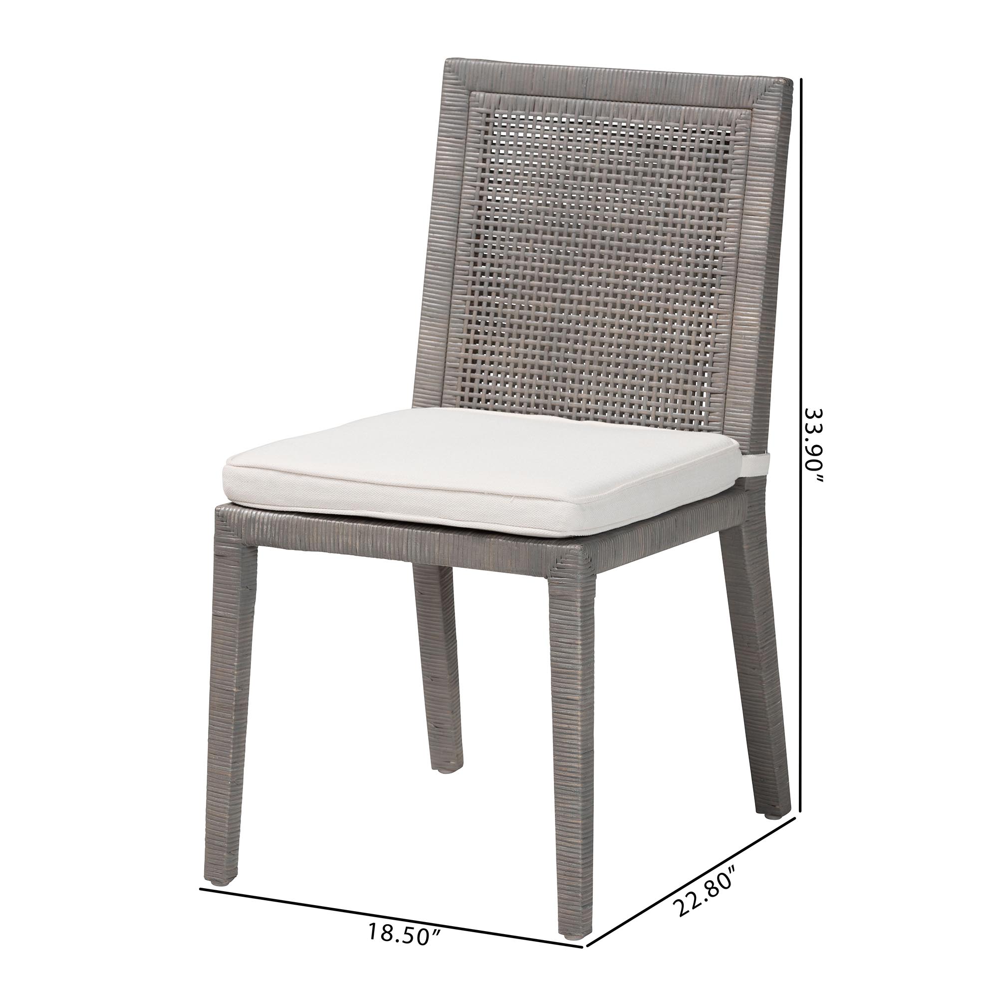 bali & pari Sofia Rattan Dining Chair with Cushion - Handwoven Wicker Side Chair with Mahogany Wood Frame, Coastal Boho Style Indoor Seating, French Grey