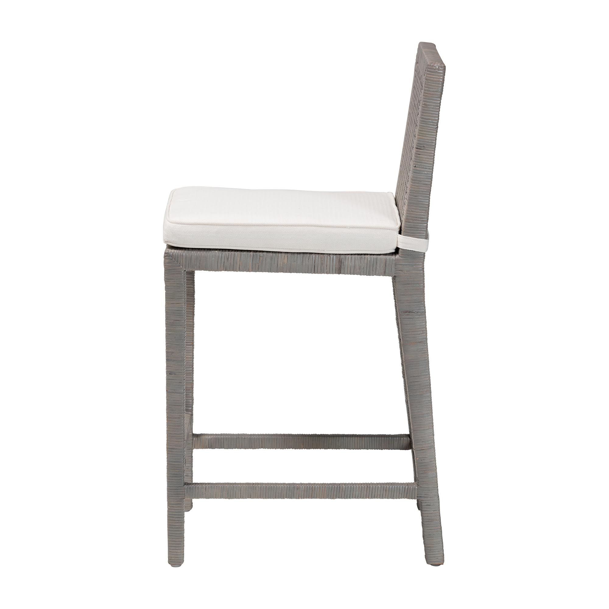 bali & pari Sofia Rattan Counter Stool with Mahogany Wood Frame - Handwoven Wicker Counter Height Chair with Cushion, Coastal Boho Style Kitchen Island Seating, French Grey