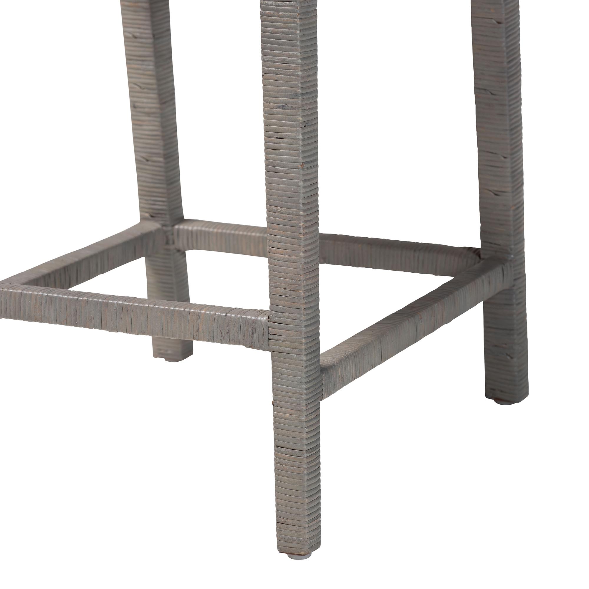 bali & pari Sofia Rattan Counter Stool with Mahogany Wood Frame - Handwoven Wicker Counter Height Chair with Cushion, Coastal Boho Style Kitchen Island Seating, French Grey