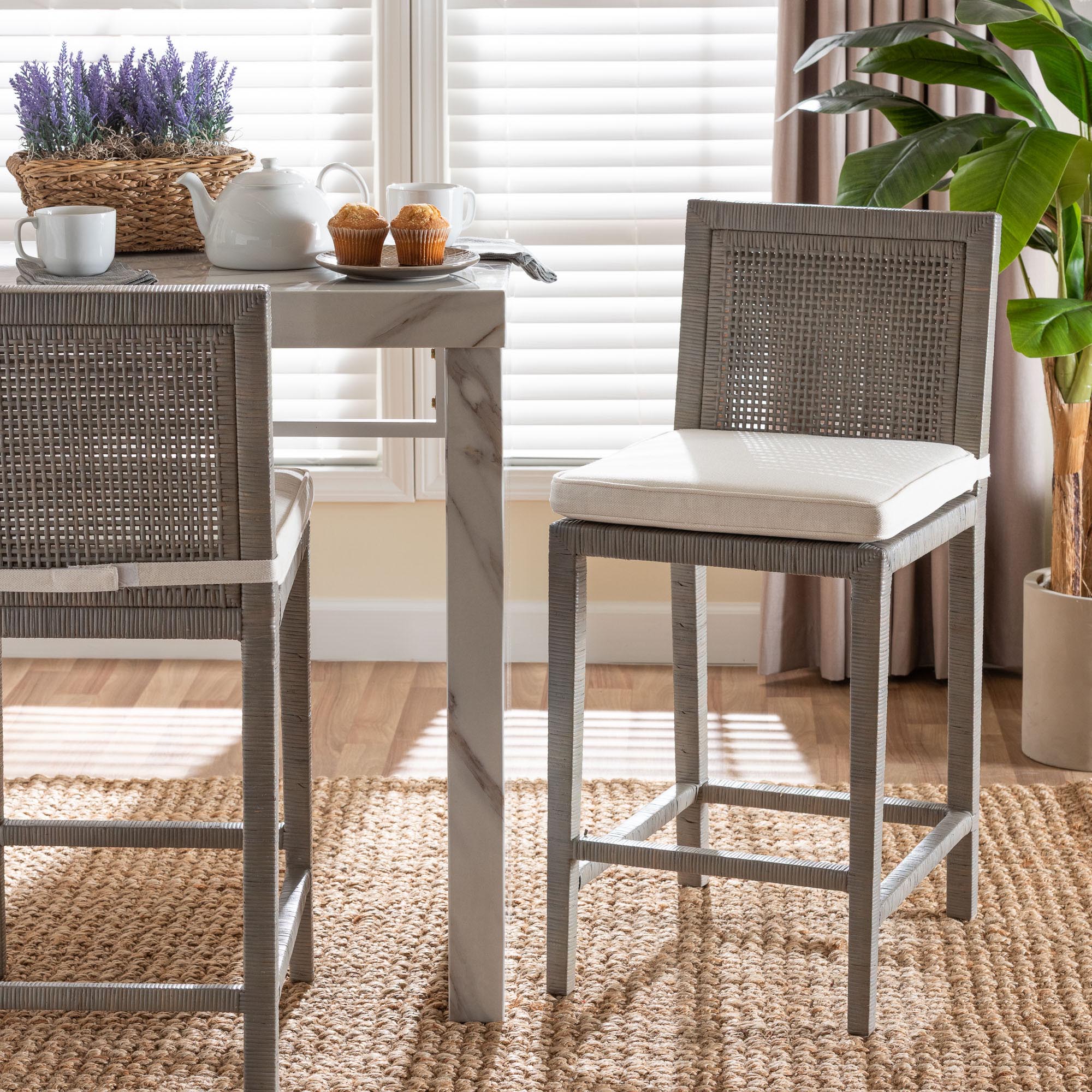 bali & pari Sofia Rattan Counter Stool with Mahogany Wood Frame - Handwoven Wicker Counter Height Chair with Cushion, Coastal Boho Style Kitchen Island Seating, French Grey