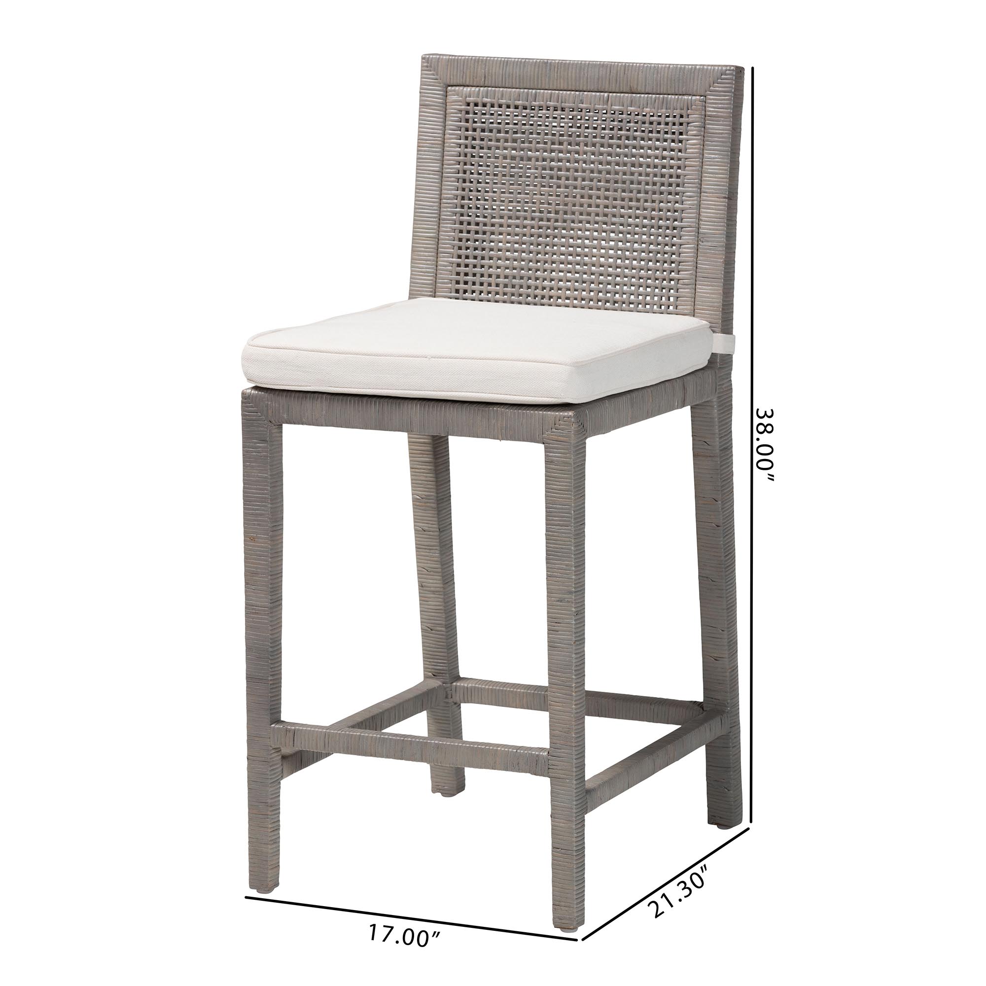 bali & pari Sofia Rattan Counter Stool with Mahogany Wood Frame - Handwoven Wicker Counter Height Chair with Cushion, Coastal Boho Style Kitchen Island Seating, French Grey