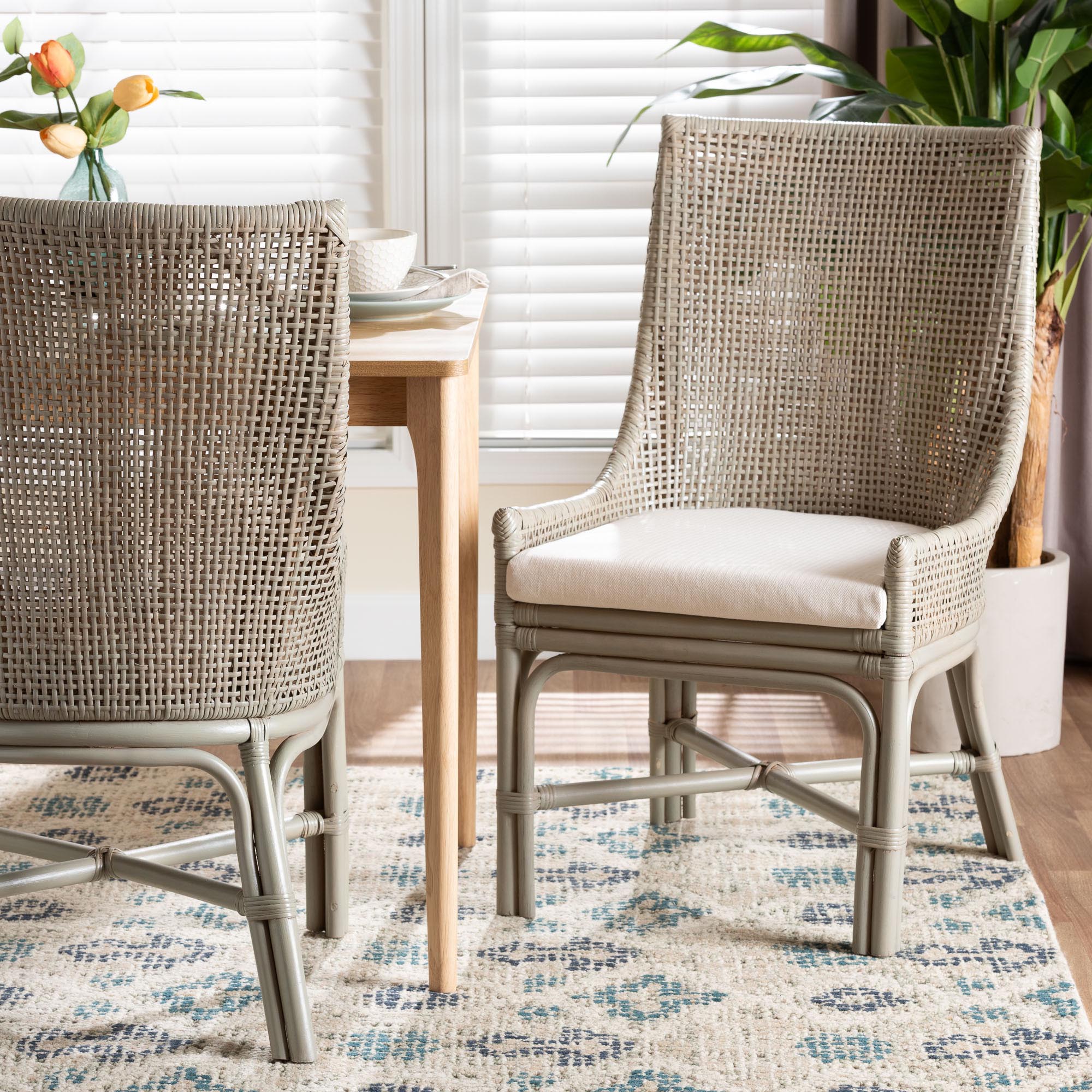 bali & pari Bella Rattan Dining Chair with Cushion - Handwoven Wicker Accent Side Chair with High Backrest, Coastal Boho Seating for Kitchen or Dining Area, French Grey