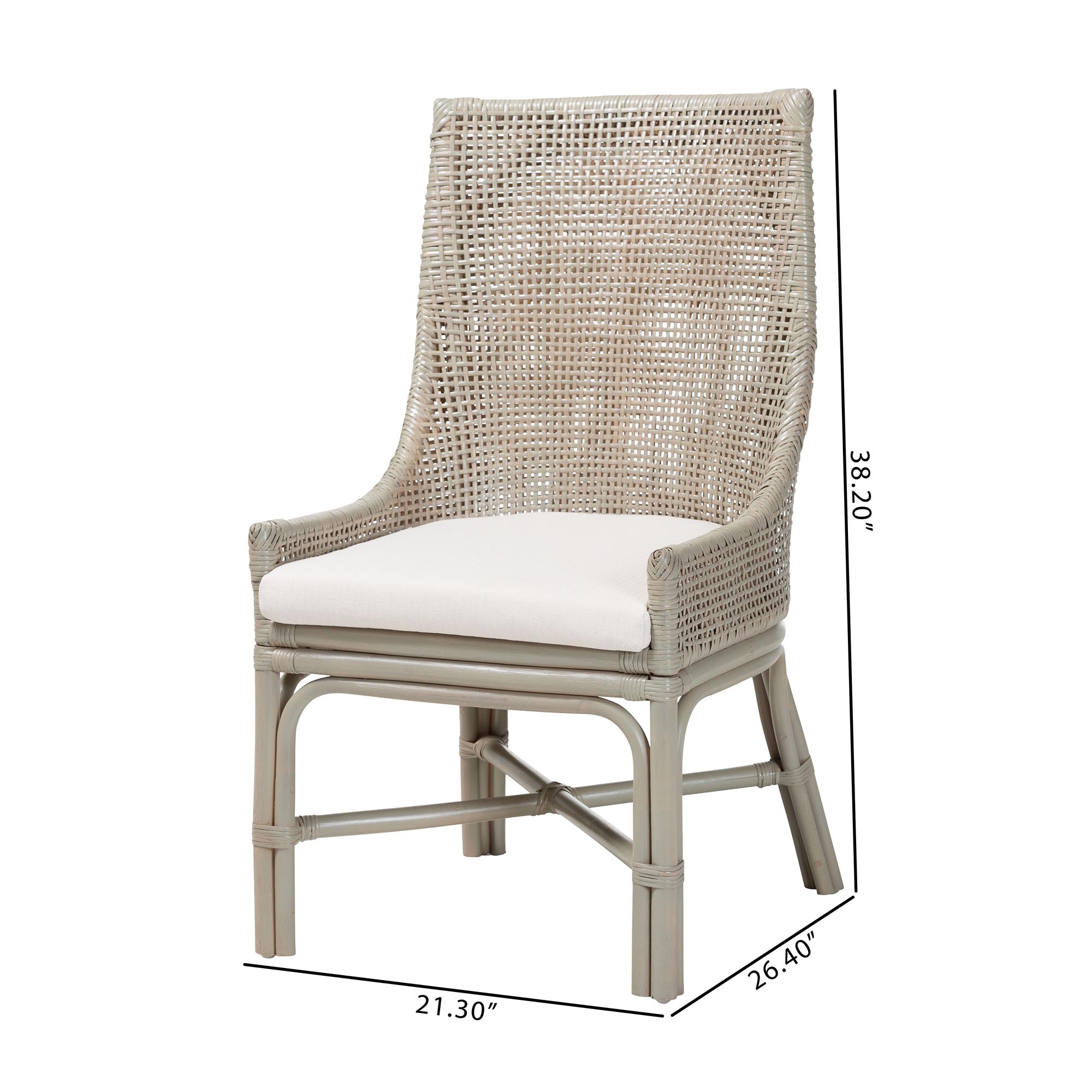 bali & pari Bella Rattan Dining Chair with Cushion - Handwoven Wicker Accent Side Chair with High Backrest, Coastal Boho Seating for Kitchen or Dining Area, French Grey
