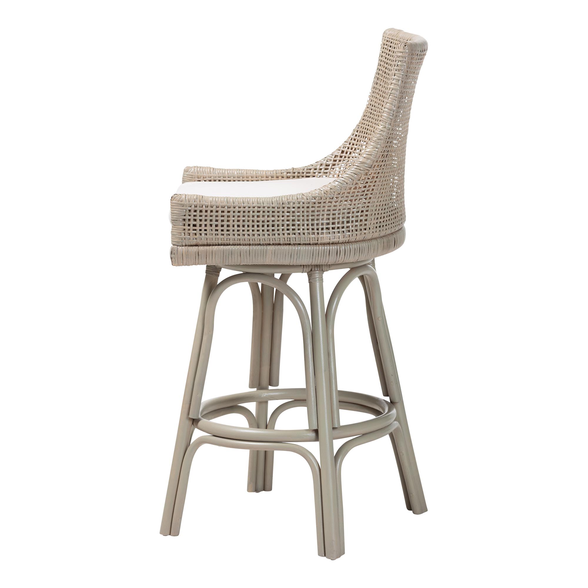 bali & pari Bella Swivel Rattan Bar Stool with Cushion - Handwoven Wicker Bar Chair with Backrest and Footrest, French Grey