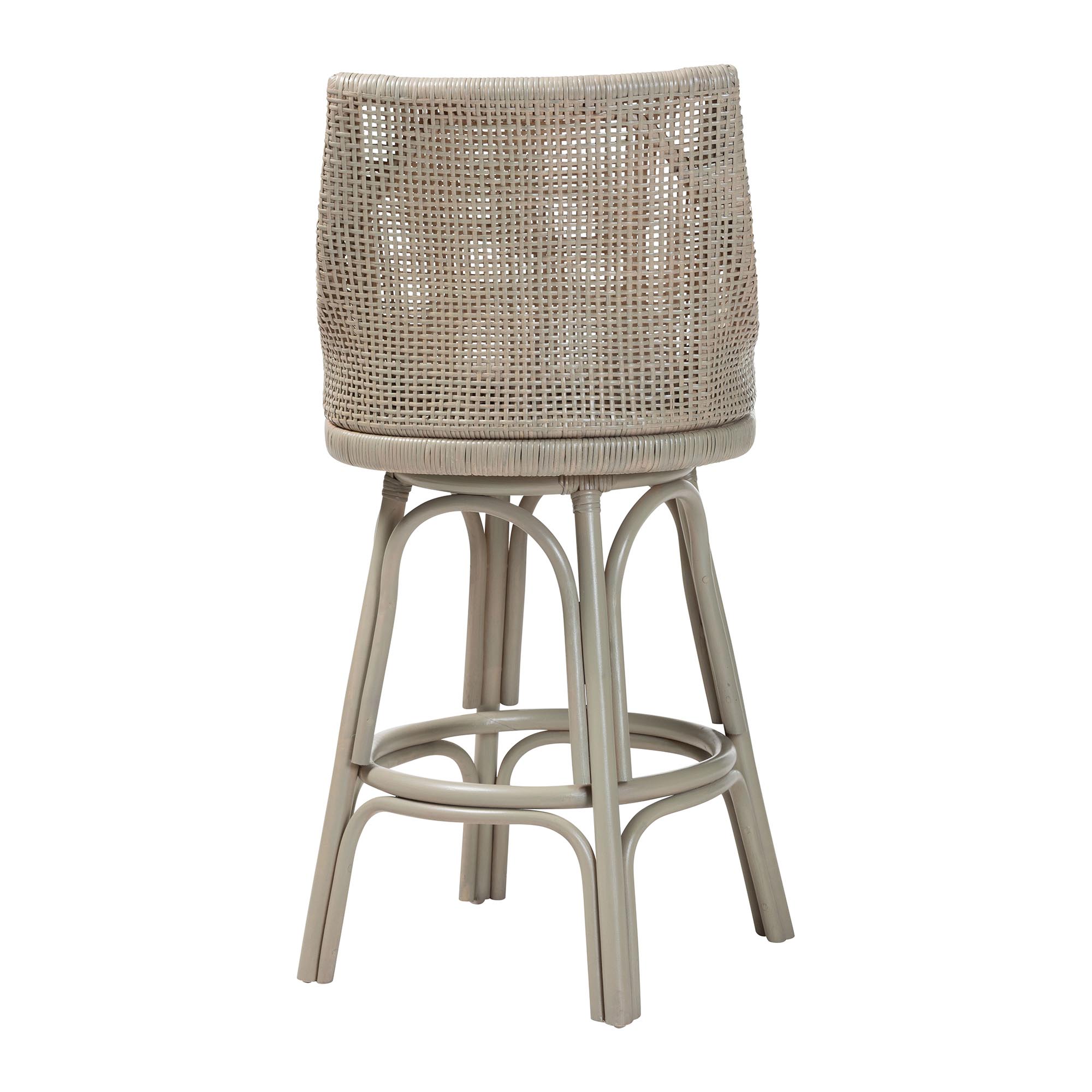 bali & pari Bella Swivel Rattan Bar Stool with Cushion - Handwoven Wicker Bar Chair with Backrest and Footrest, French Grey