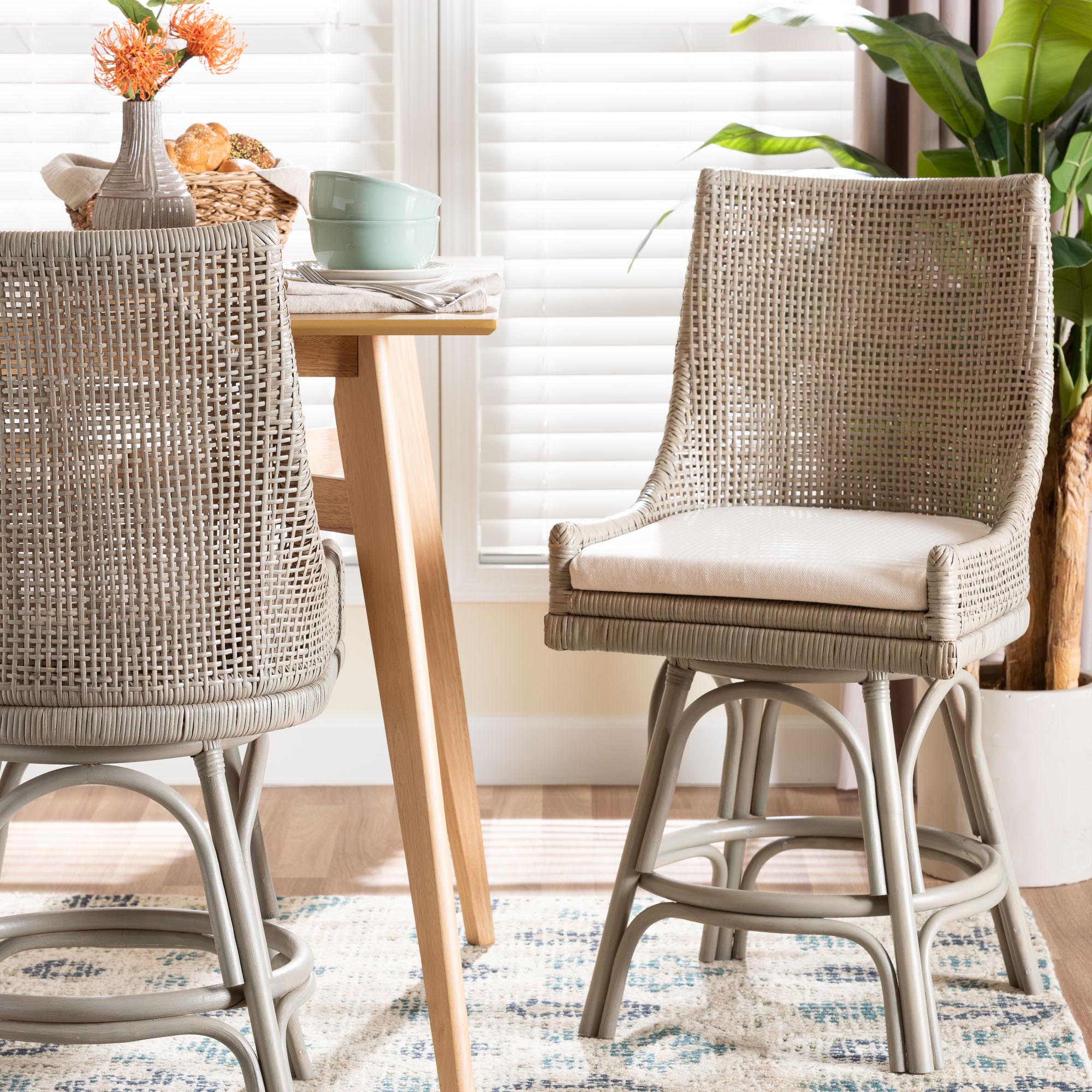 bali & pari Bella Swivel Rattan Counter Stool with Cushion - Handwoven Wicker Kitchen Island Seating with Backrest and Footrest, French Grey
