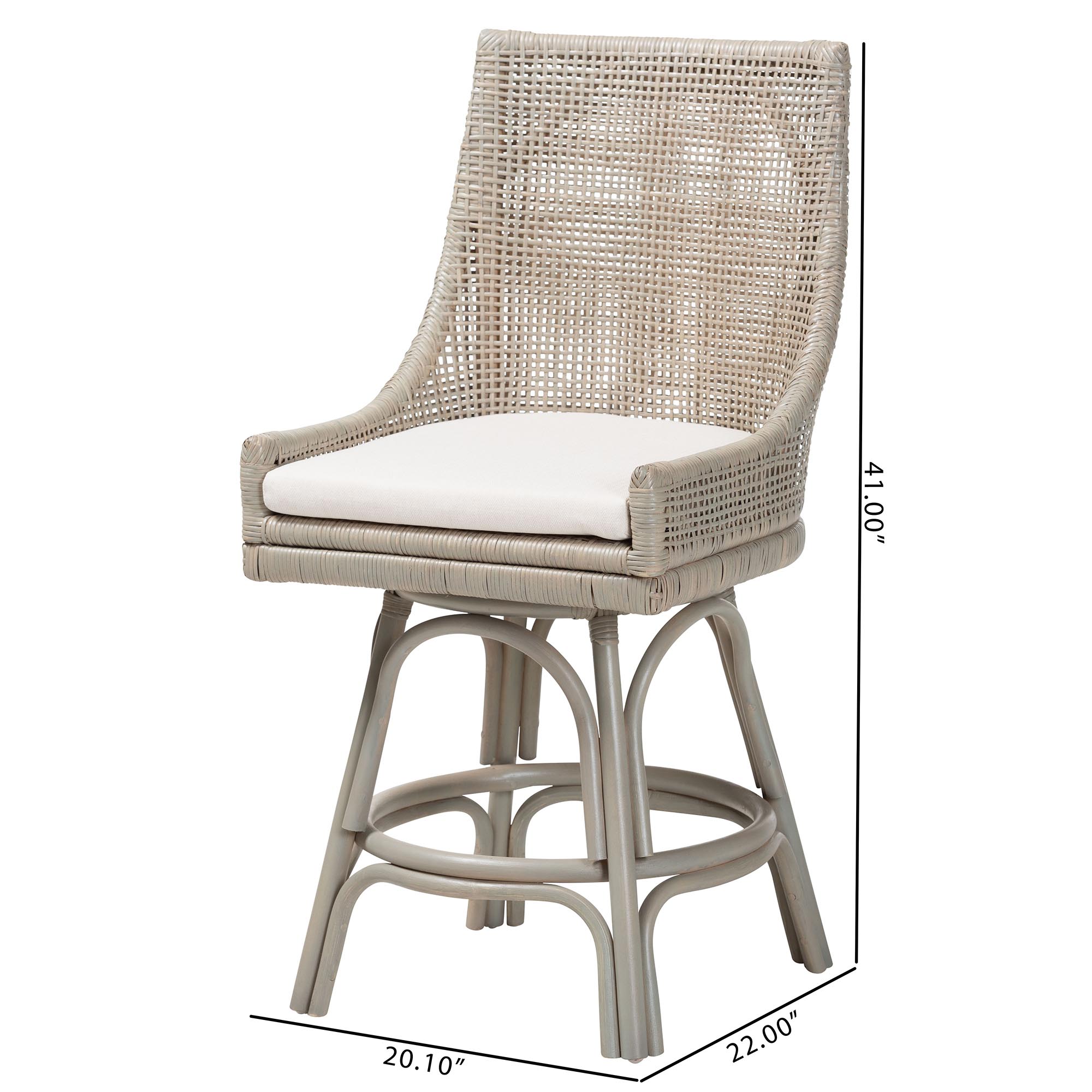 bali & pari Bella Swivel Rattan Counter Stool with Cushion - Handwoven Wicker Kitchen Island Seating with Backrest and Footrest, French Grey