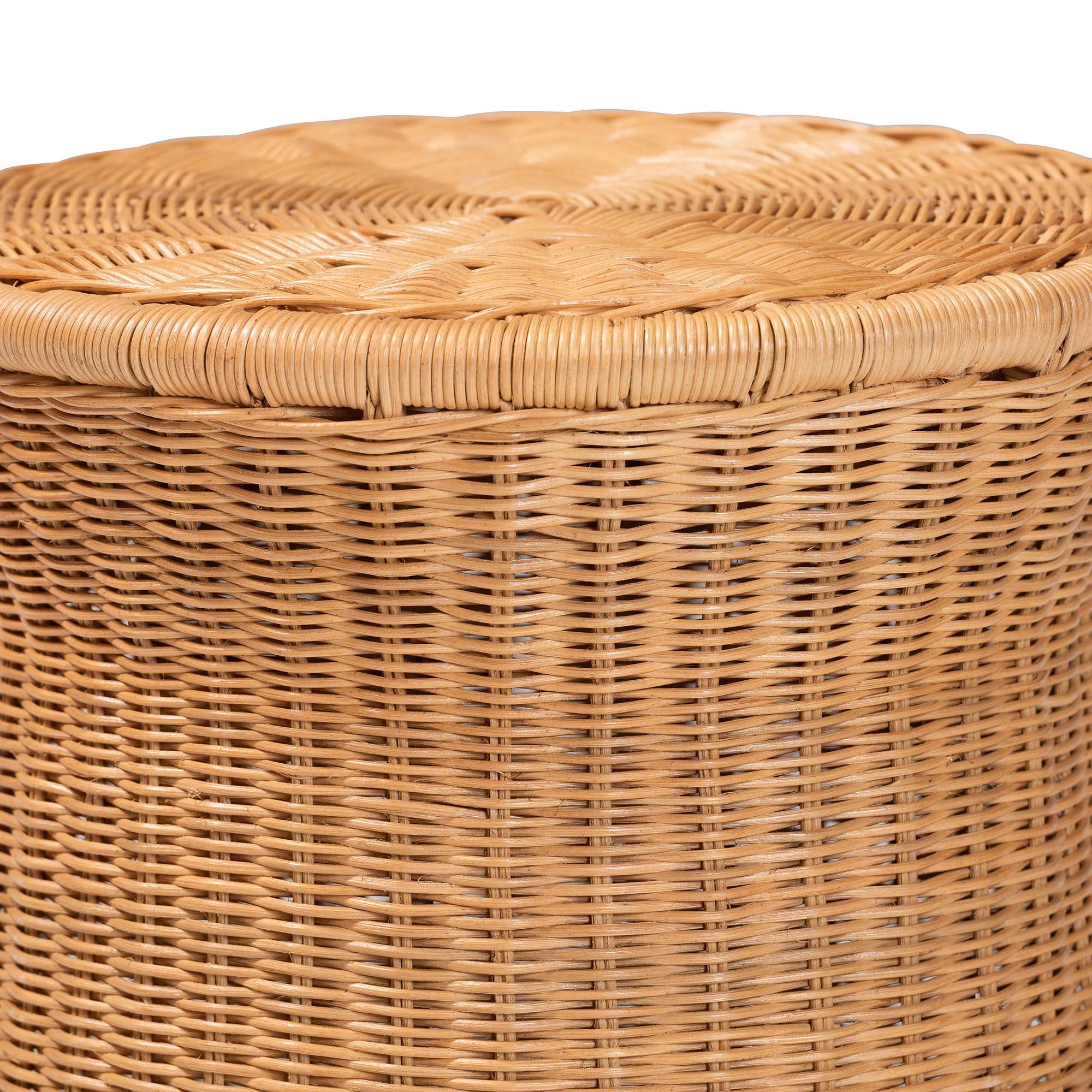 bali & pari Caroline Round Natural Rattan End Table - Handwoven Wicker Drum Shape Accent Table for Living Room or Sunroom, Light Honey