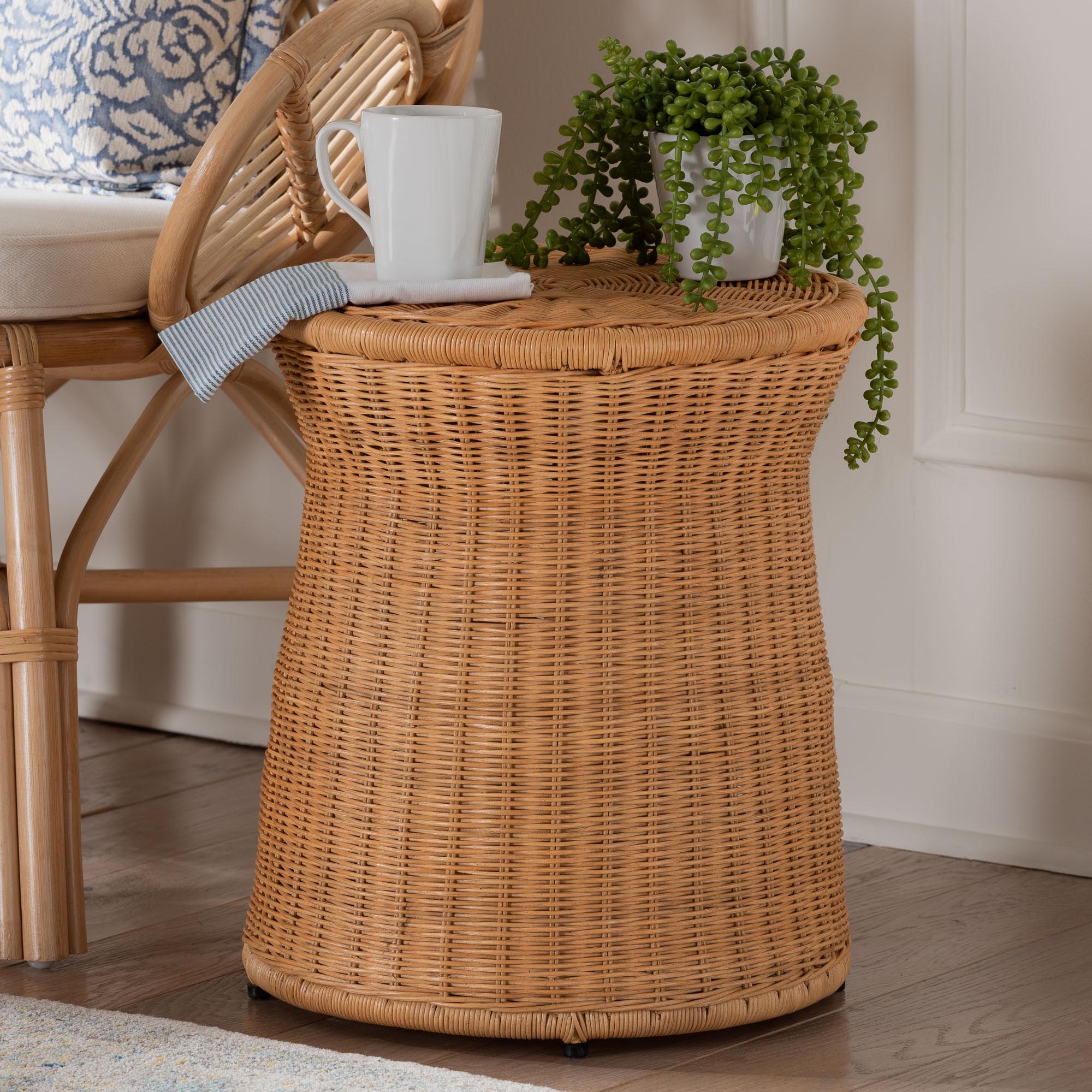 bali & pari Caroline Round Natural Rattan End Table - Handwoven Wicker Drum Shape Accent Table for Living Room or Sunroom, Light Honey