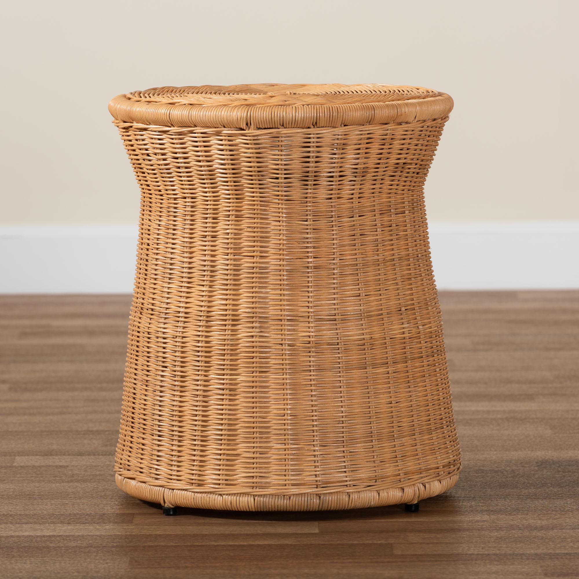 bali & pari Caroline Round Natural Rattan End Table - Handwoven Wicker Drum Shape Accent Table for Living Room or Sunroom, Light Honey