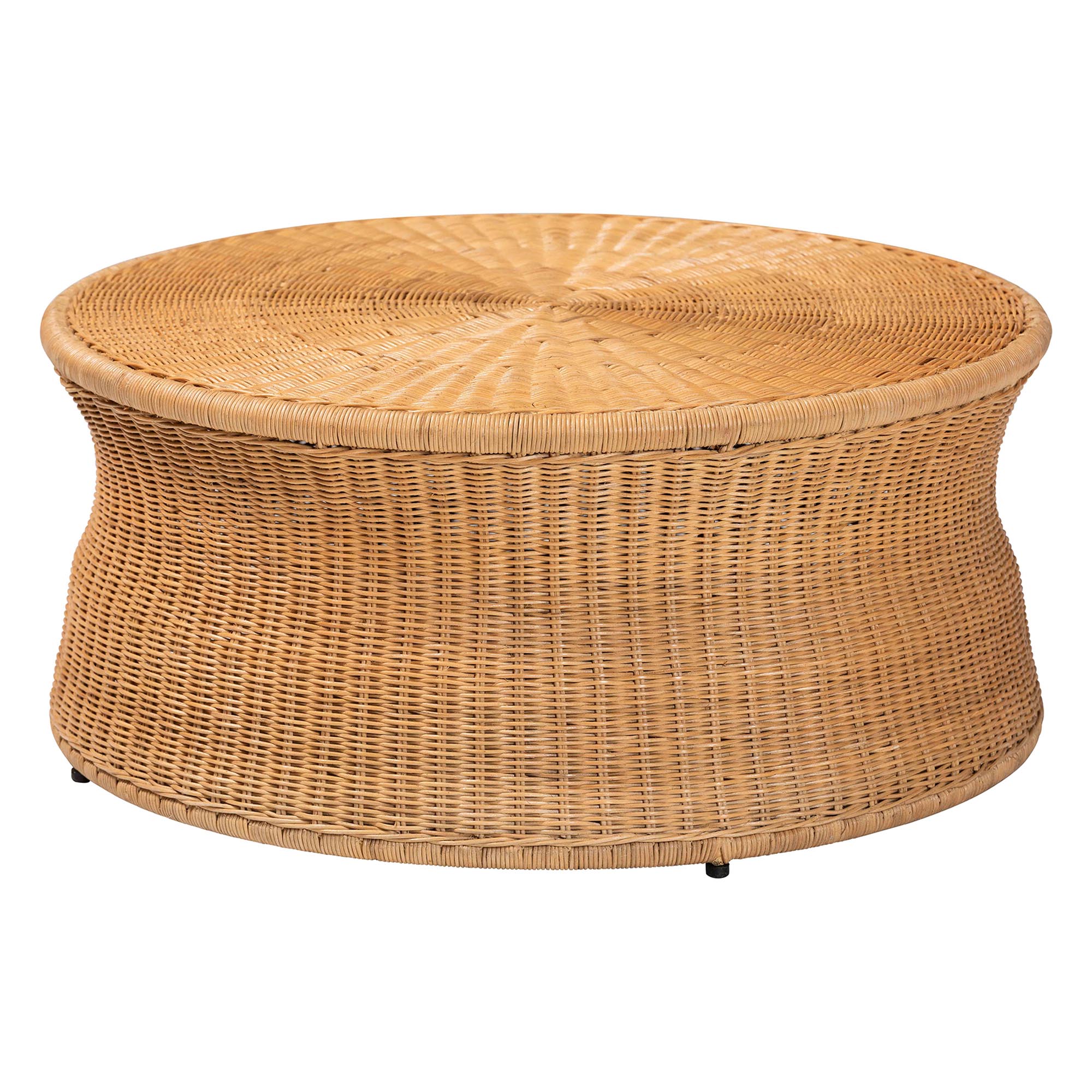 bali & pari Caroline Round Natural Rattan Coffee Table - Handwoven Wicker Drum Shape Accent Table for Living Room or Sunroom, Light Honey