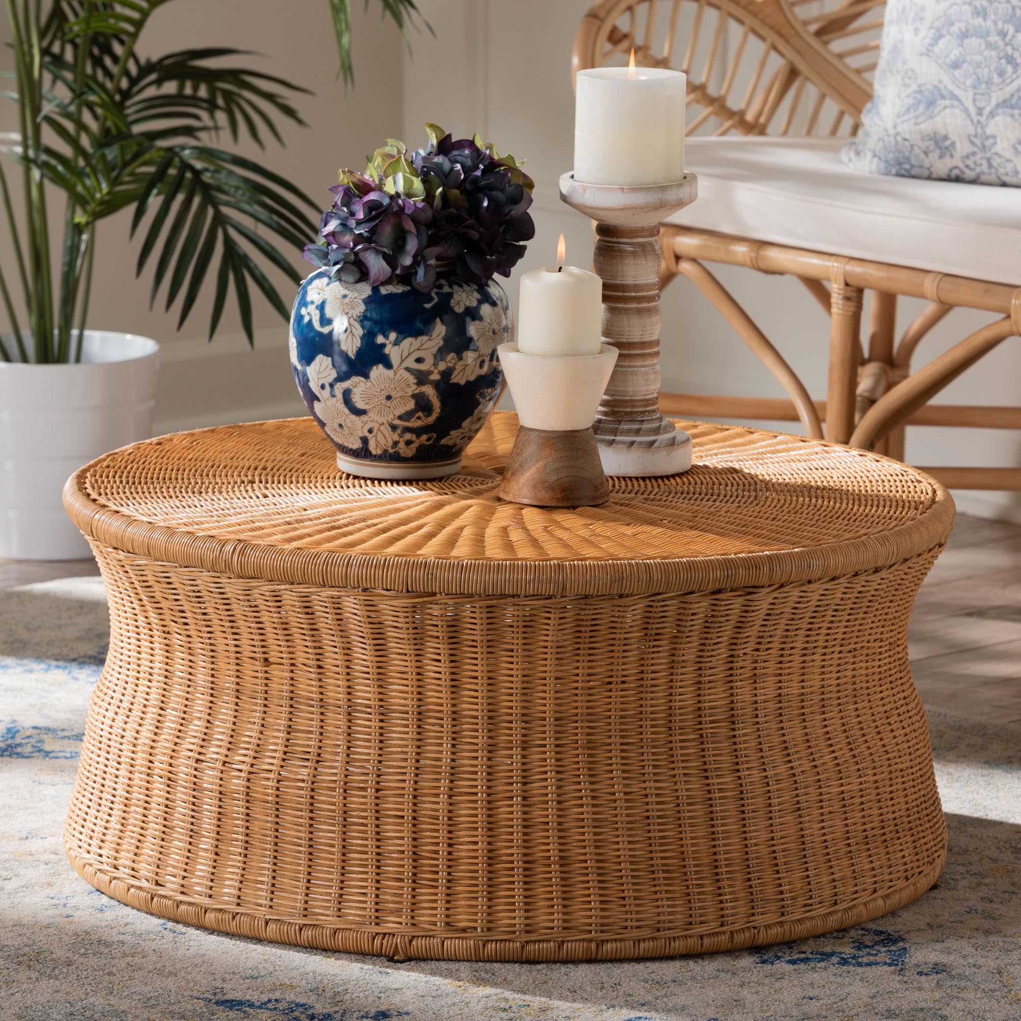 bali & pari Caroline Round Natural Rattan Coffee Table - Handwoven Wicker Drum Shape Accent Table for Living Room or Sunroom, Light Honey