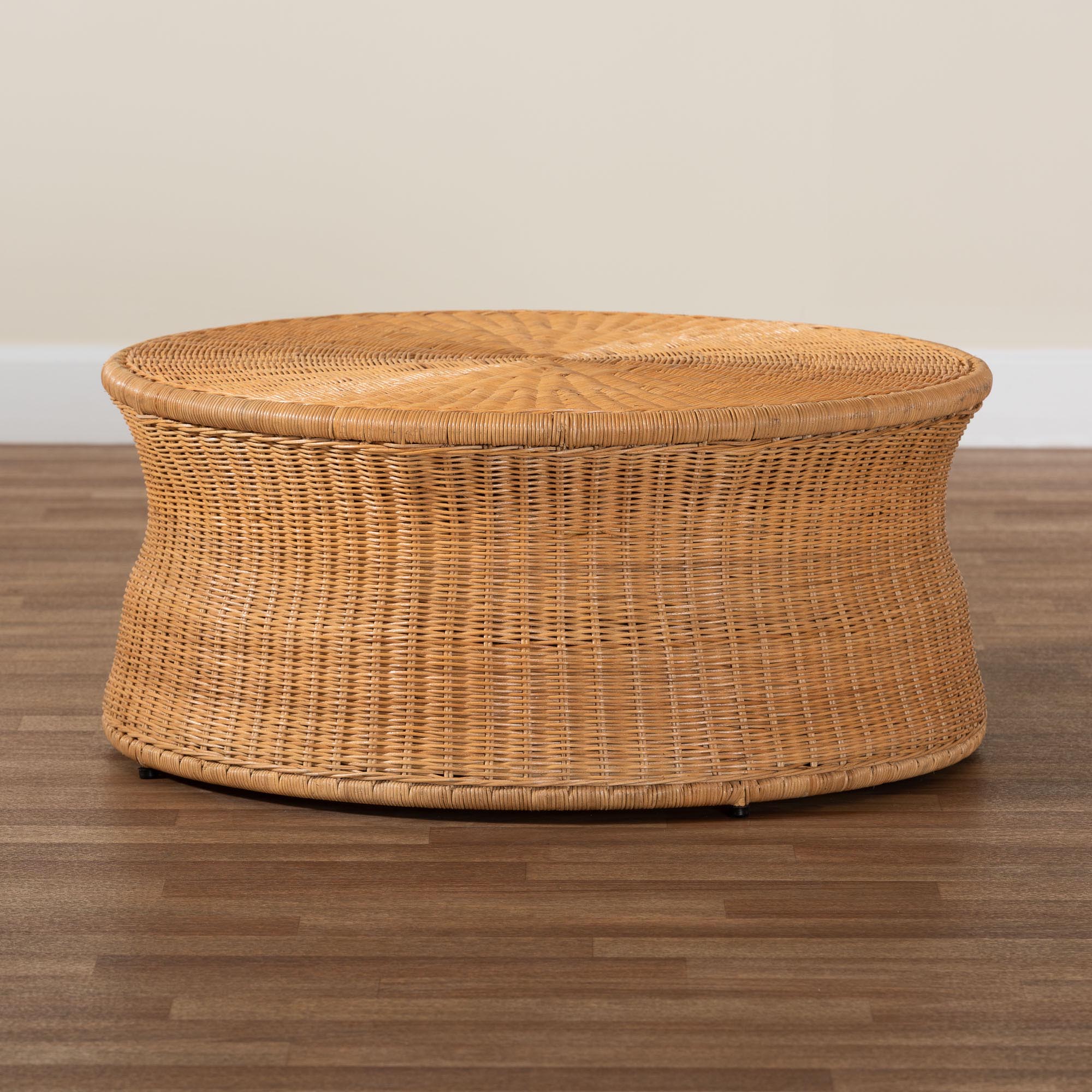 bali & pari Caroline Round Natural Rattan Coffee Table - Handwoven Wicker Drum Shape Accent Table for Living Room or Sunroom, Light Honey