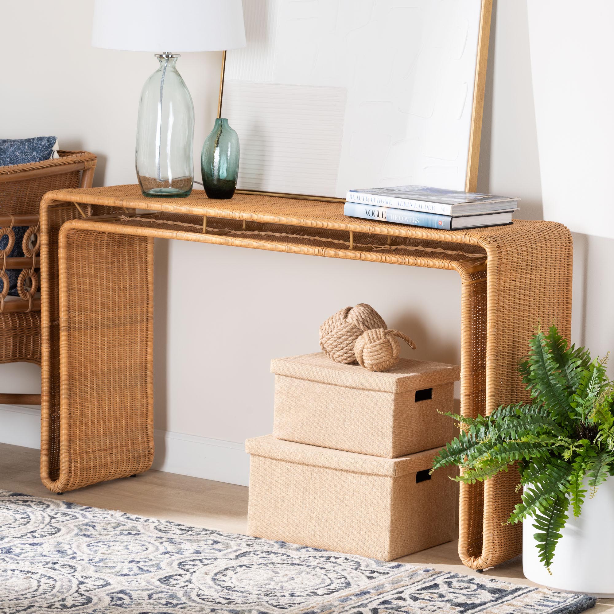 bali & pari Nevada Bohemian Light Honey Rattan Console Table