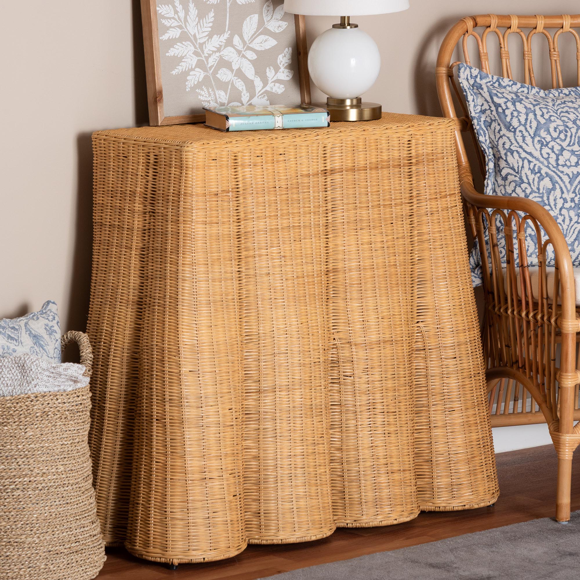 bali & pari Palm Scallop Natural Rattan Console Table - Handwoven Wicker Accent Table for Hallway or Entryway, Coastal & Boho Decor, Rectangle 36"
