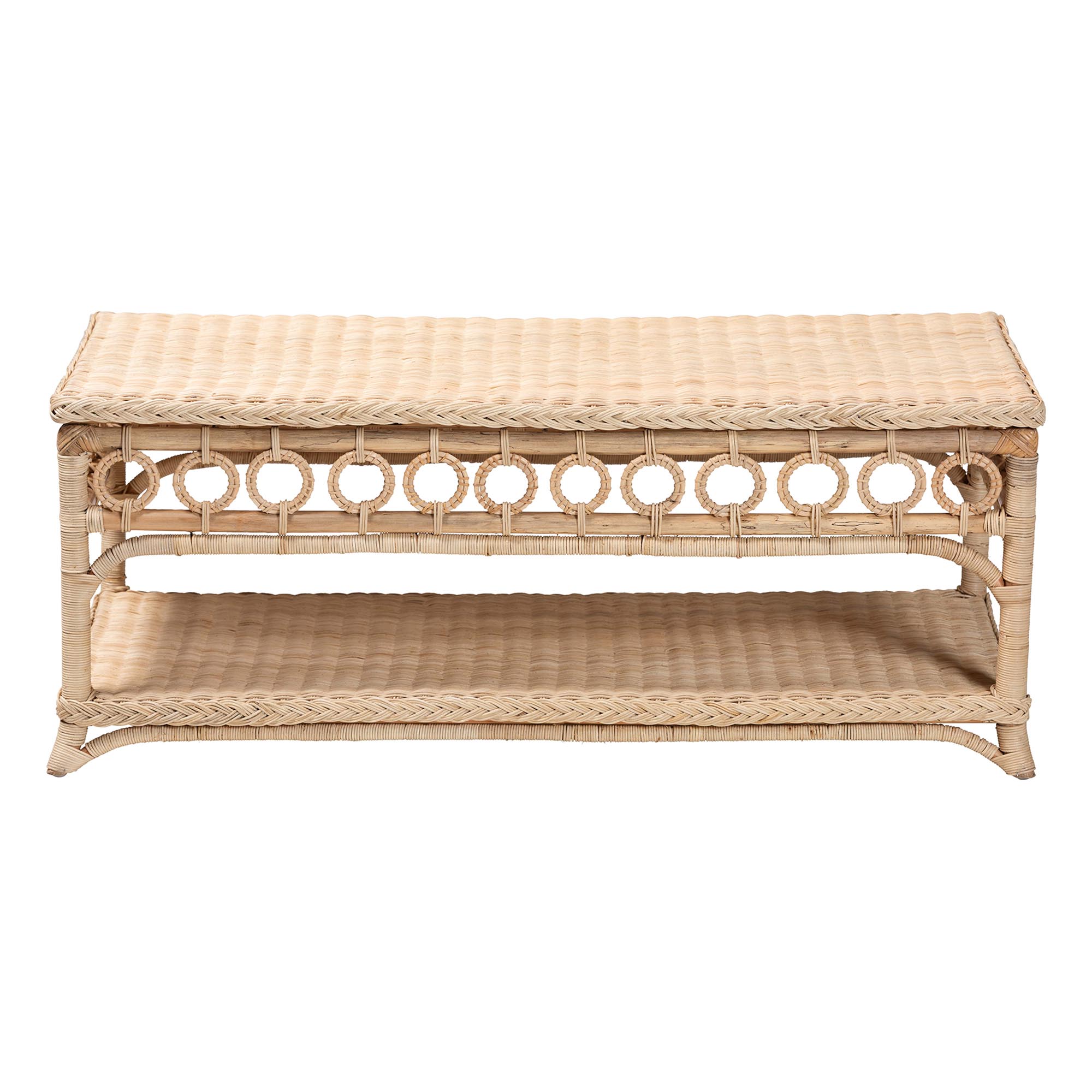 bali & pari Oxford Braided Natural Rattan Coffee Table with Open Shelf - Coastal Boho Living Room Accent Table with Decorative Loop Detailing