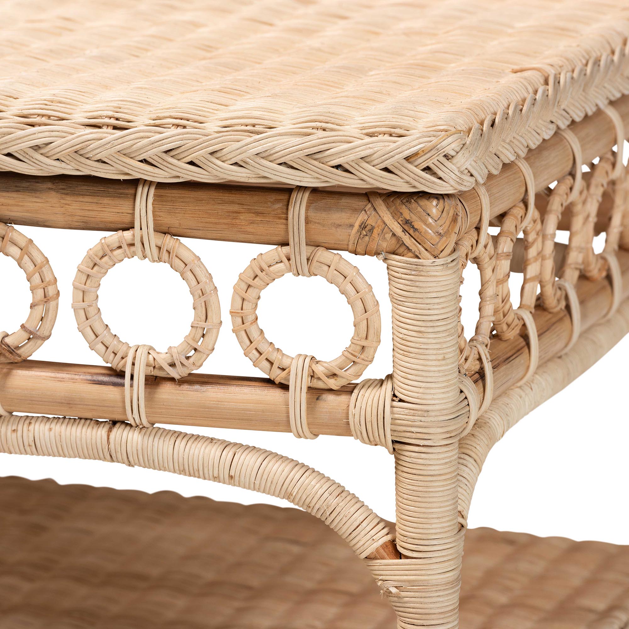 bali & pari Oxford Braided Natural Rattan Coffee Table with Open Shelf - Coastal Boho Living Room Accent Table with Decorative Loop Detailing