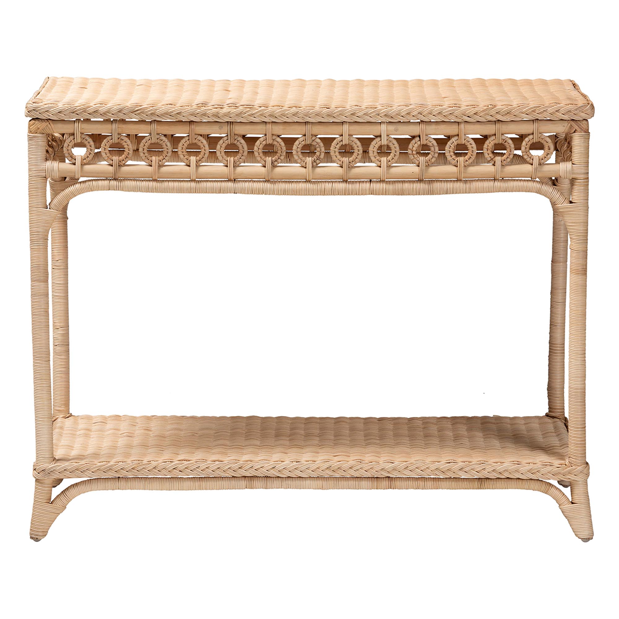 bali & pari Oxford Braided Natural Rattan Console Table with Open Shelf - Coastal Boho Entryway or Hallway Accent Table with Decorative Loop Detailing