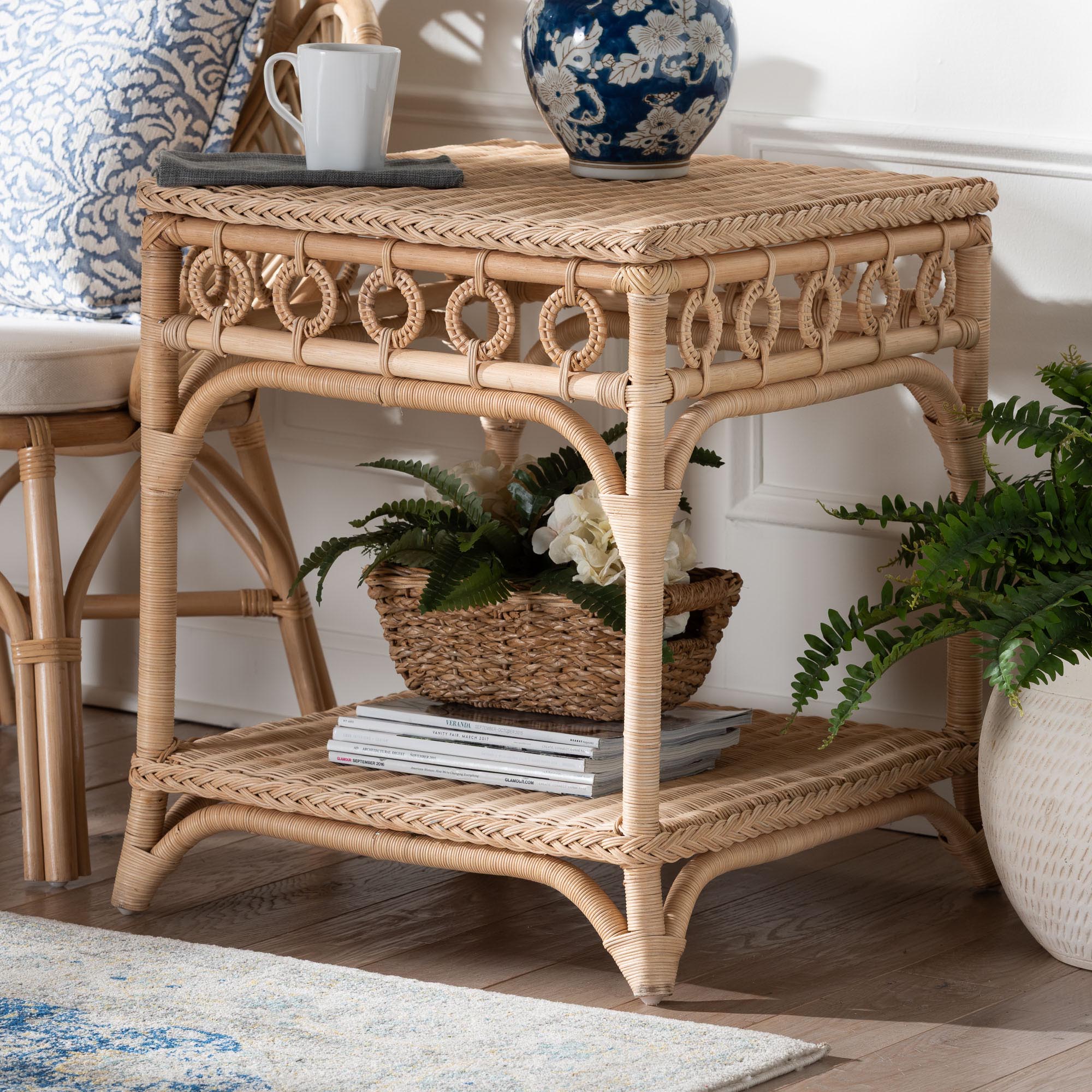 bali & pari Oxford Braided Natural Rattan End Table with Shelf - Square Boho Accent Table with Decorative Loop Detailing, Coastal Style for Living Room or Bedroom