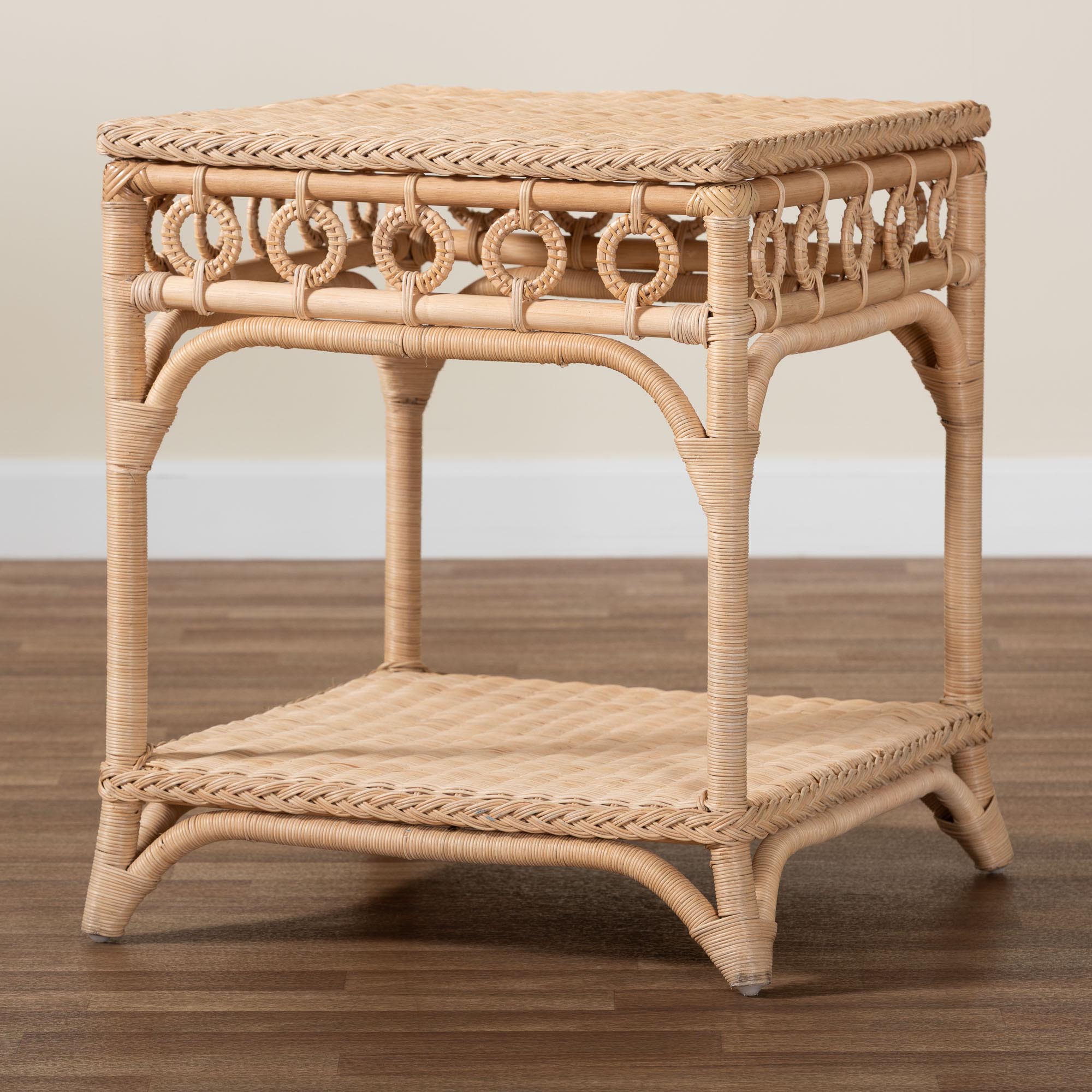 bali & pari Oxford Braided Natural Rattan End Table with Shelf - Square Boho Accent Table with Decorative Loop Detailing, Coastal Style for Living Room or Bedroom