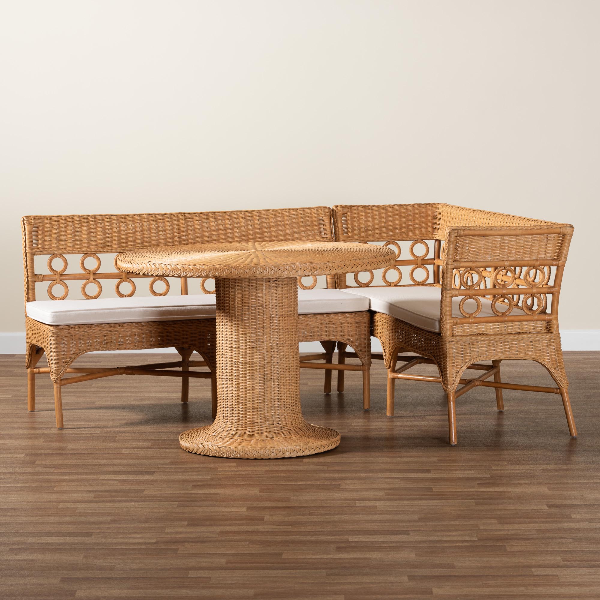 bali & pari Monica Bohemian Light Honey Rattan 3-Piece Dining Nook Set