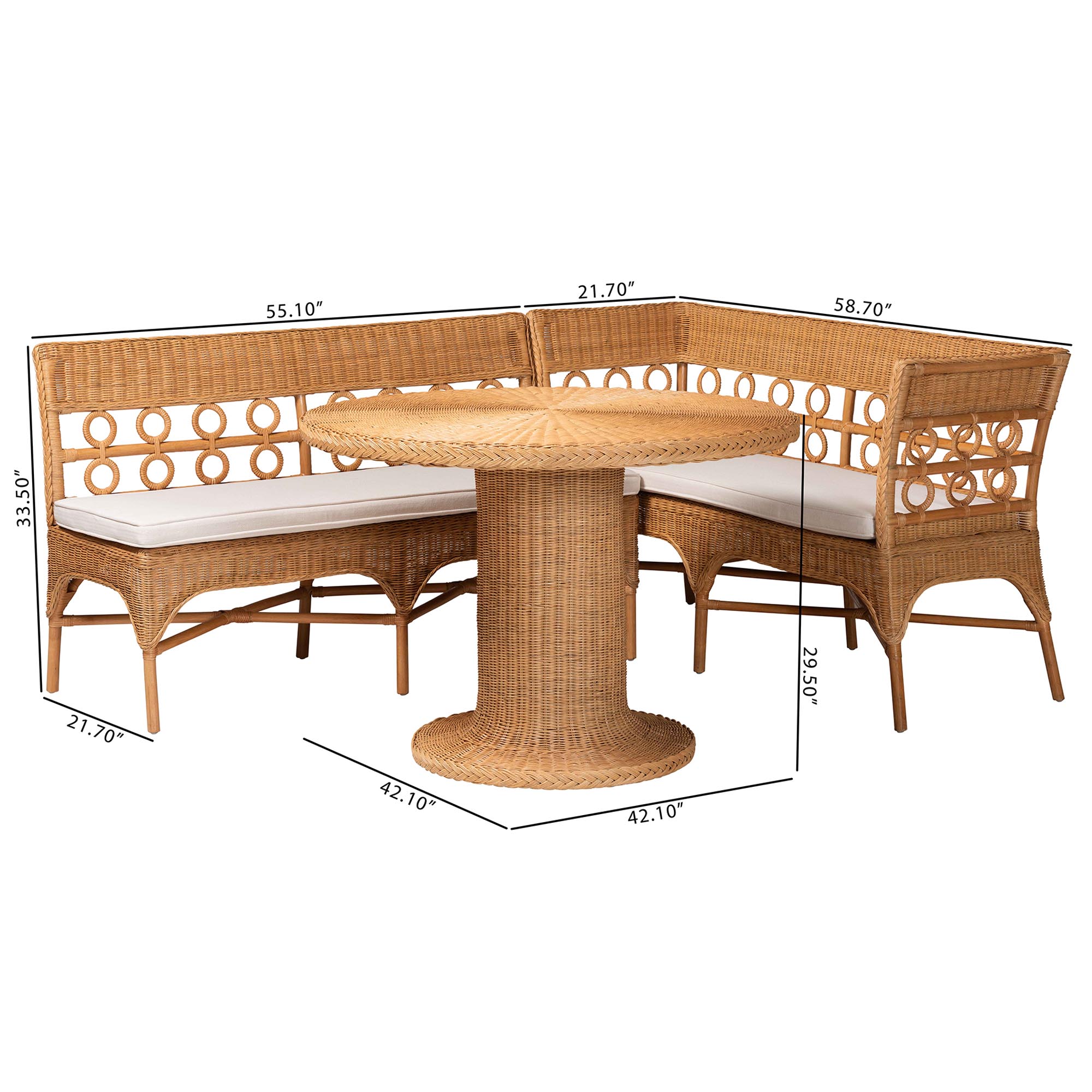 bali & pari Monica Bohemian Light Honey Rattan 3-Piece Dining Nook Set