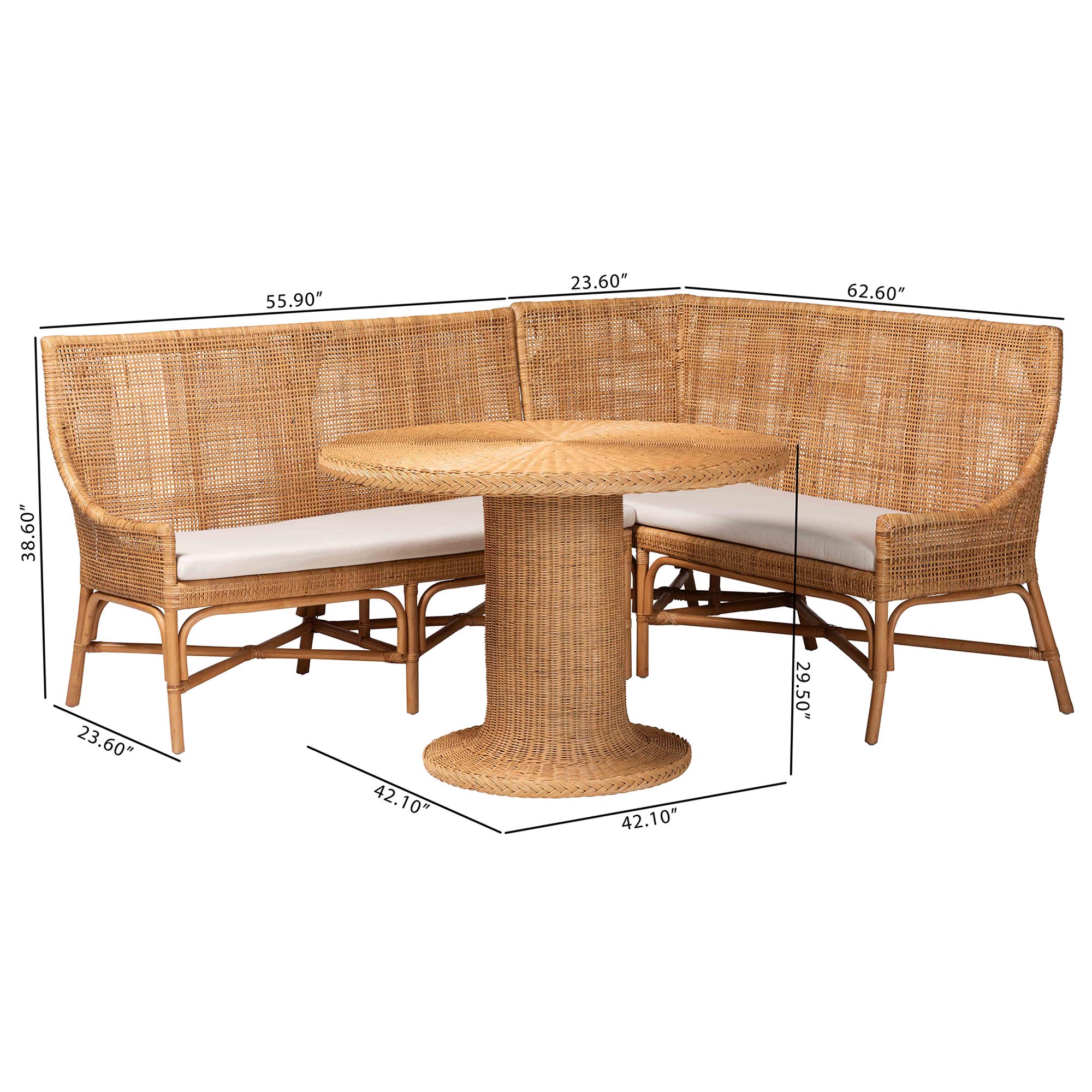 bali & pari Nantai Bohemian Light Honey Rattan 3-Piece Dining Nook Set