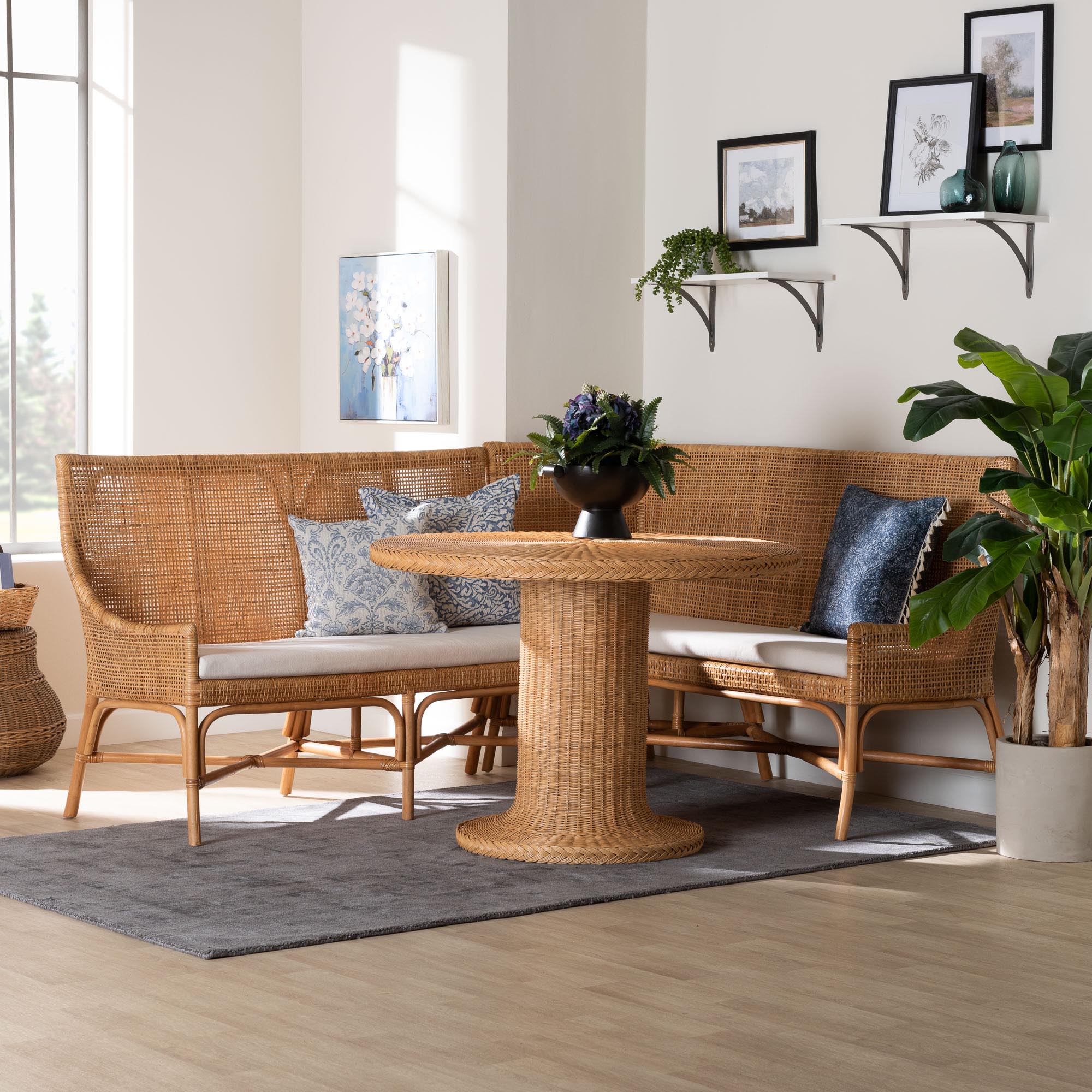 bali & pari Nantai Bohemian Light Honey Rattan 3-Piece Dining Nook Set
