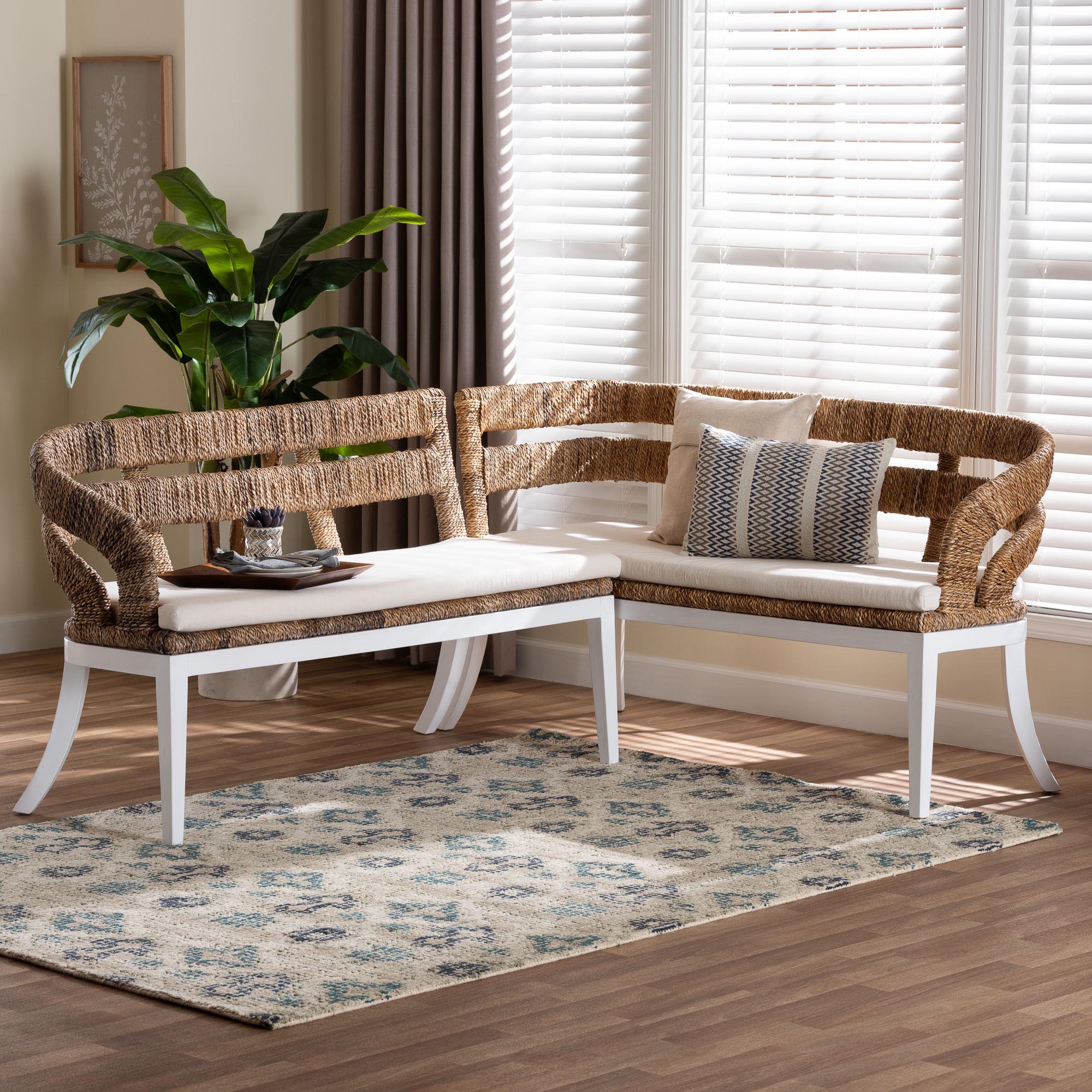 bali & pari Ubud Seagrass Dining Nook Set with Mahogany Wood Frame - L-Shaped Rattan Accent Corner Bench for Kitchen or Dining Room, 2-Piece