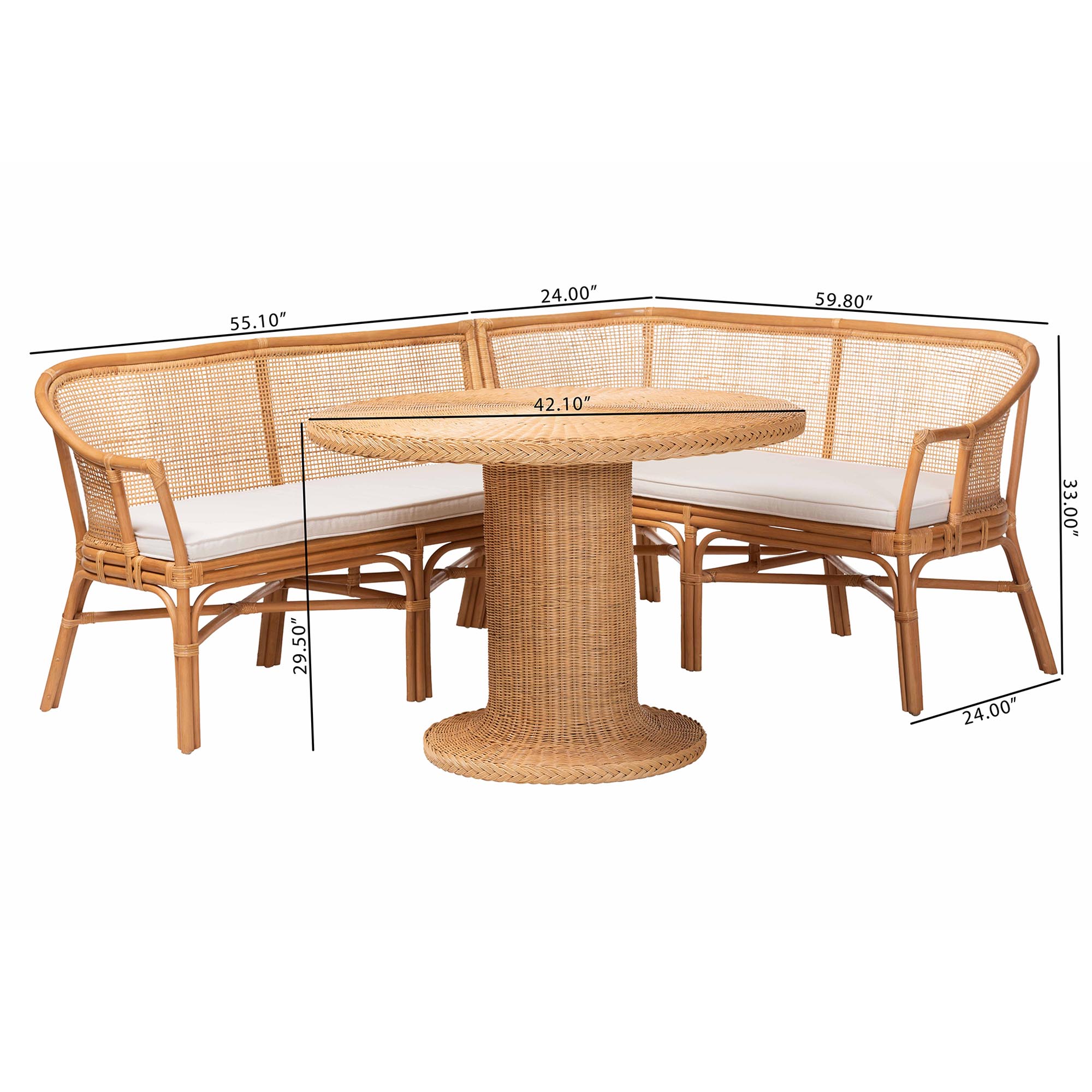 bali & pari Aara 3-Piece Natural Rattan Dining Nook Set - L-Shaped Corner Bench with Cushions and Round Pedestal Wicker Table, Handwoven Boho Coastal Breakfast Banquette for Kitchen or Sunroom