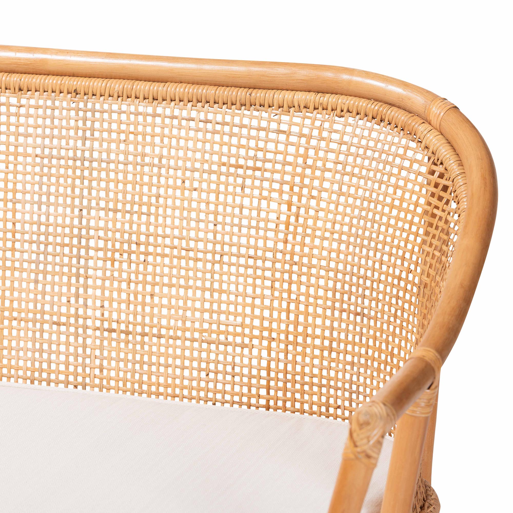 bali & pari Aara 3-Piece Natural Rattan Dining Nook Set - L-Shaped Corner Bench with Cushions and Round Pedestal Wicker Table, Handwoven Boho Coastal Breakfast Banquette for Kitchen or Sunroom