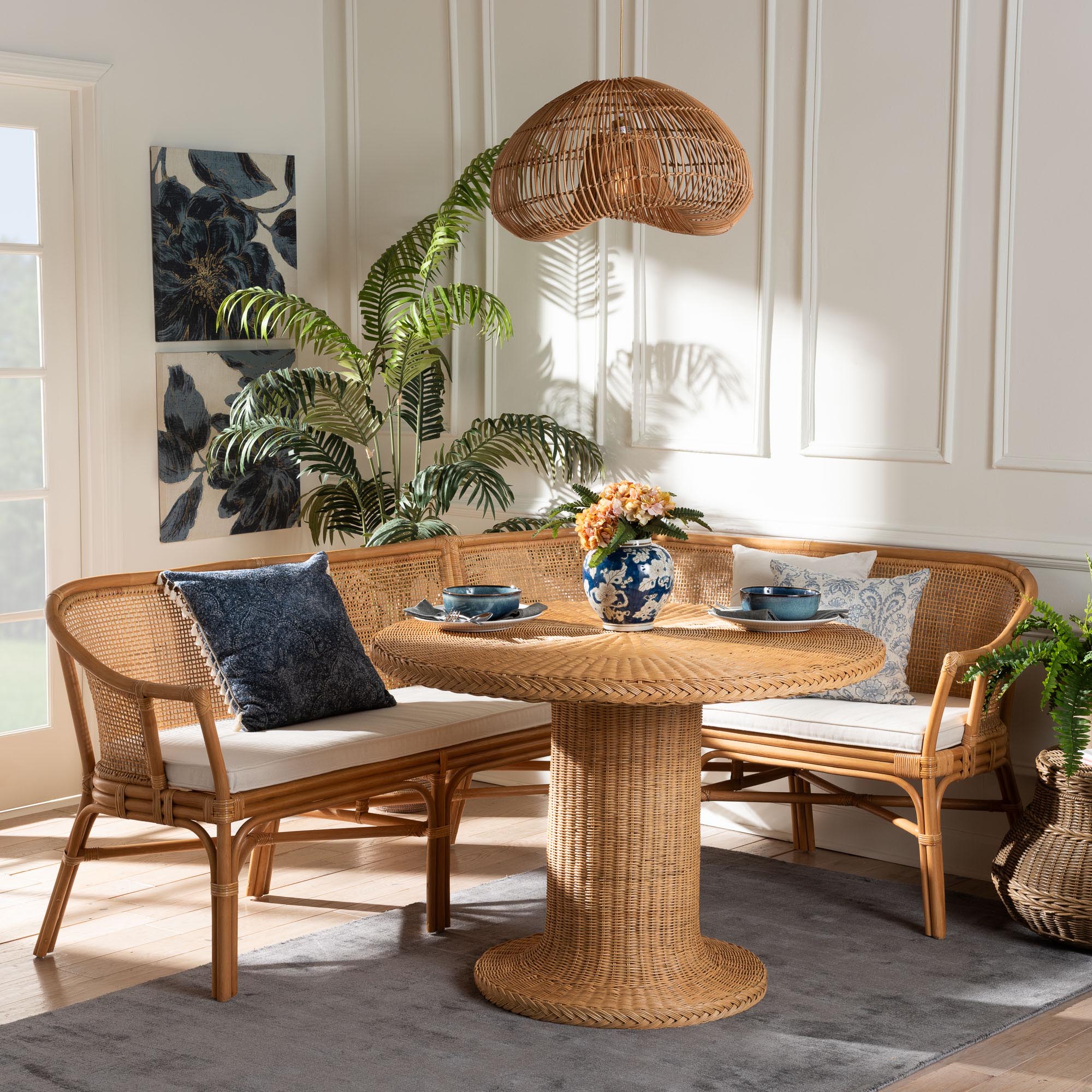 bali & pari Aara 3-Piece Natural Rattan Dining Nook Set - L-Shaped Corner Bench with Cushions and Round Pedestal Wicker Table, Handwoven Boho Coastal Breakfast Banquette for Kitchen or Sunroom
