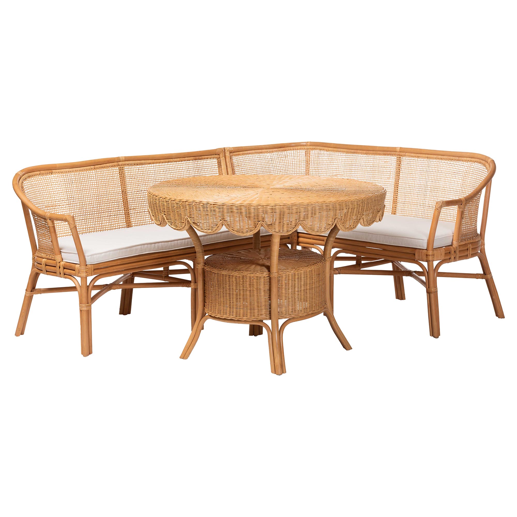 bali & pari Ceona 3-Piece Natural Rattan Dining Nook Set - L-Shaped Banquette Seating with Cushions and Wicker Table with Scallop Edge, Boho Coastal Style Dining