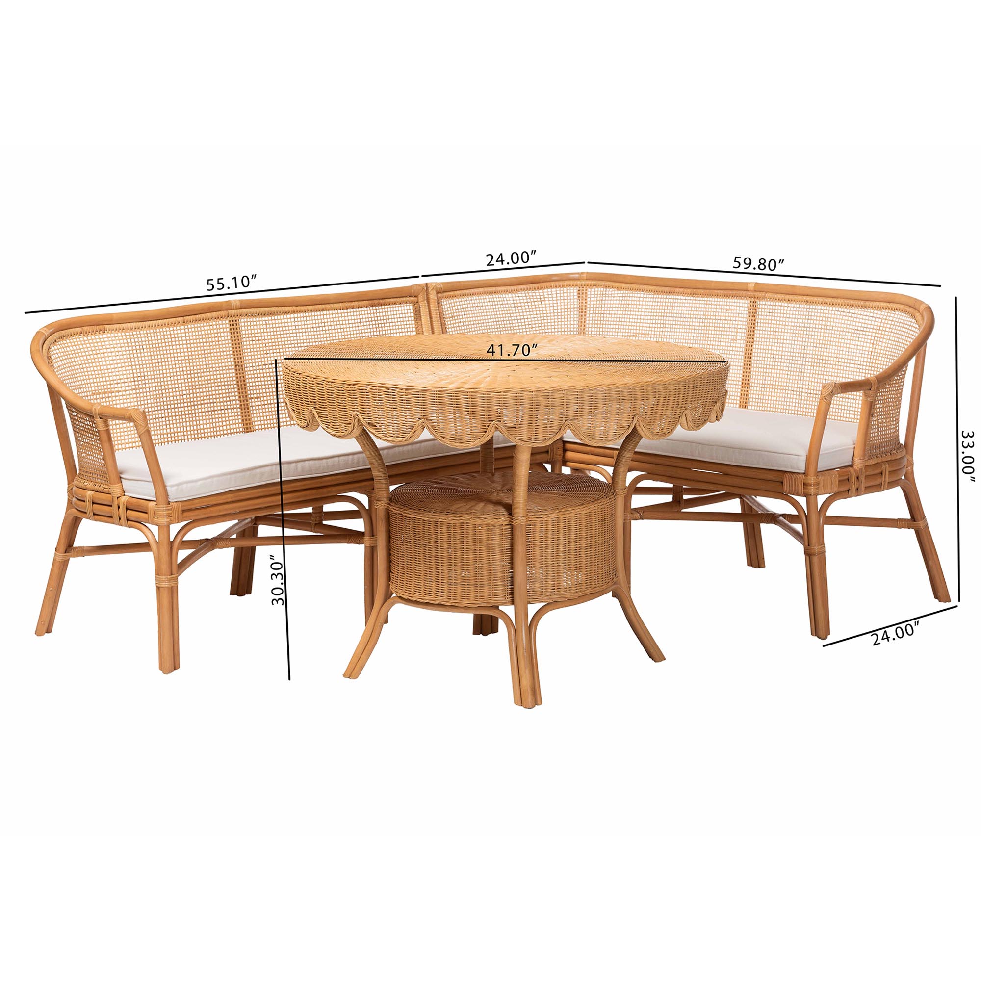 bali & pari Ceona 3-Piece Natural Rattan Dining Nook Set - L-Shaped Banquette Seating with Cushions and Wicker Table with Scallop Edge, Boho Coastal Style Dining
