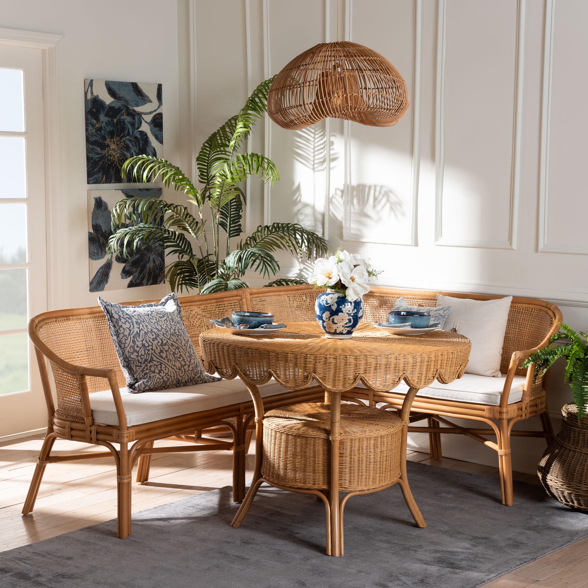 bali & pari Ceona 3-Piece Natural Rattan Dining Nook Set - L-Shaped Banquette Seating with Cushions and Wicker Table with Scallop Edge, Boho Coastal Style Dining