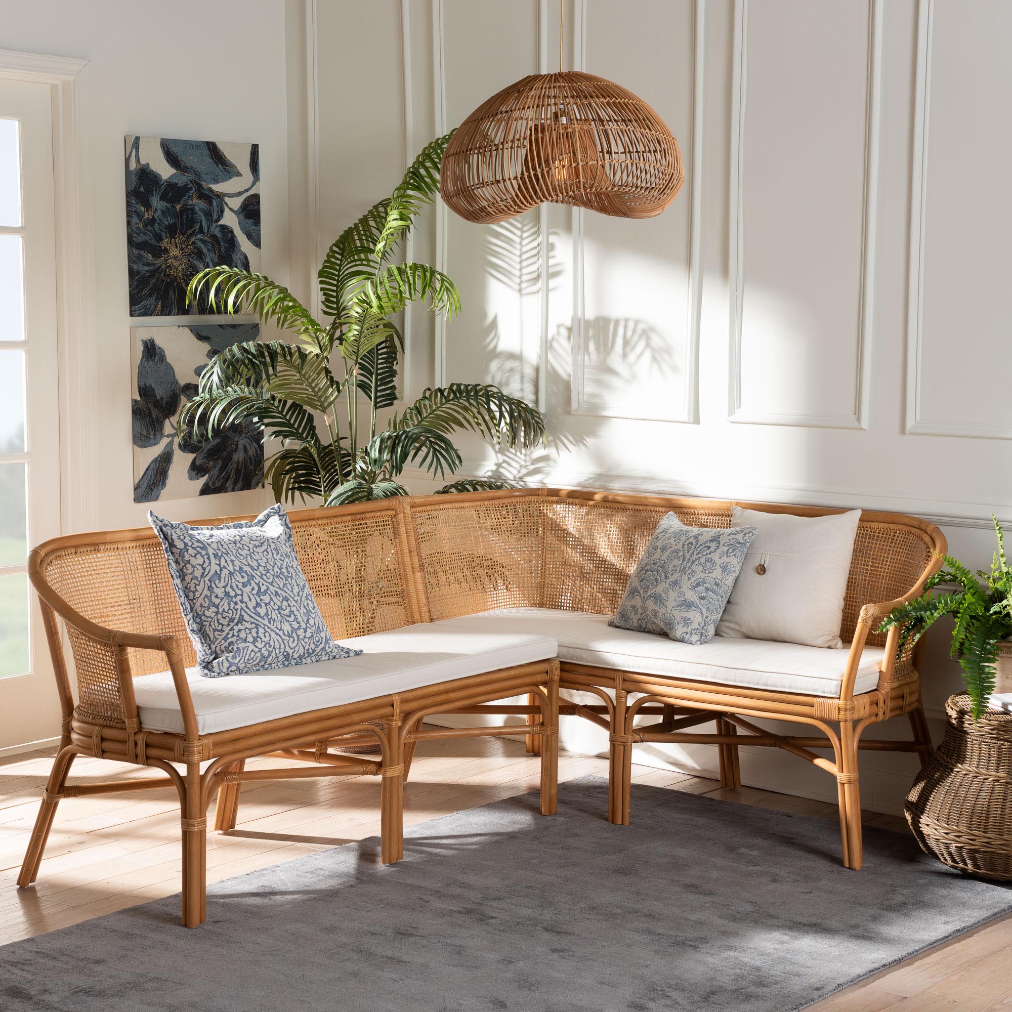 bali & pari Adede 2-Piece Natural Rattan Corner Bench Set - Handwoven Wicker L-Shaped Dining Nook Seating with Cushions, Boho Coastal Style Banquette for Kitchen, Dining or Sunroom