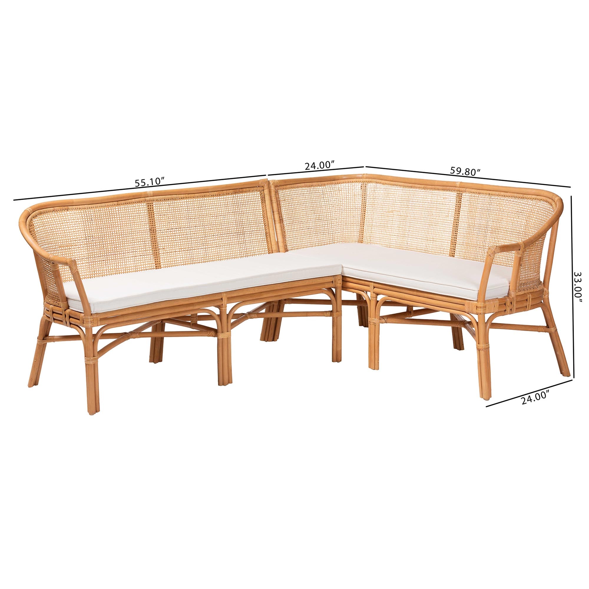 bali & pari Adede 2-Piece Natural Rattan Corner Bench Set - Handwoven Wicker L-Shaped Dining Nook Seating with Cushions, Boho Coastal Style Banquette for Kitchen, Dining or Sunroom