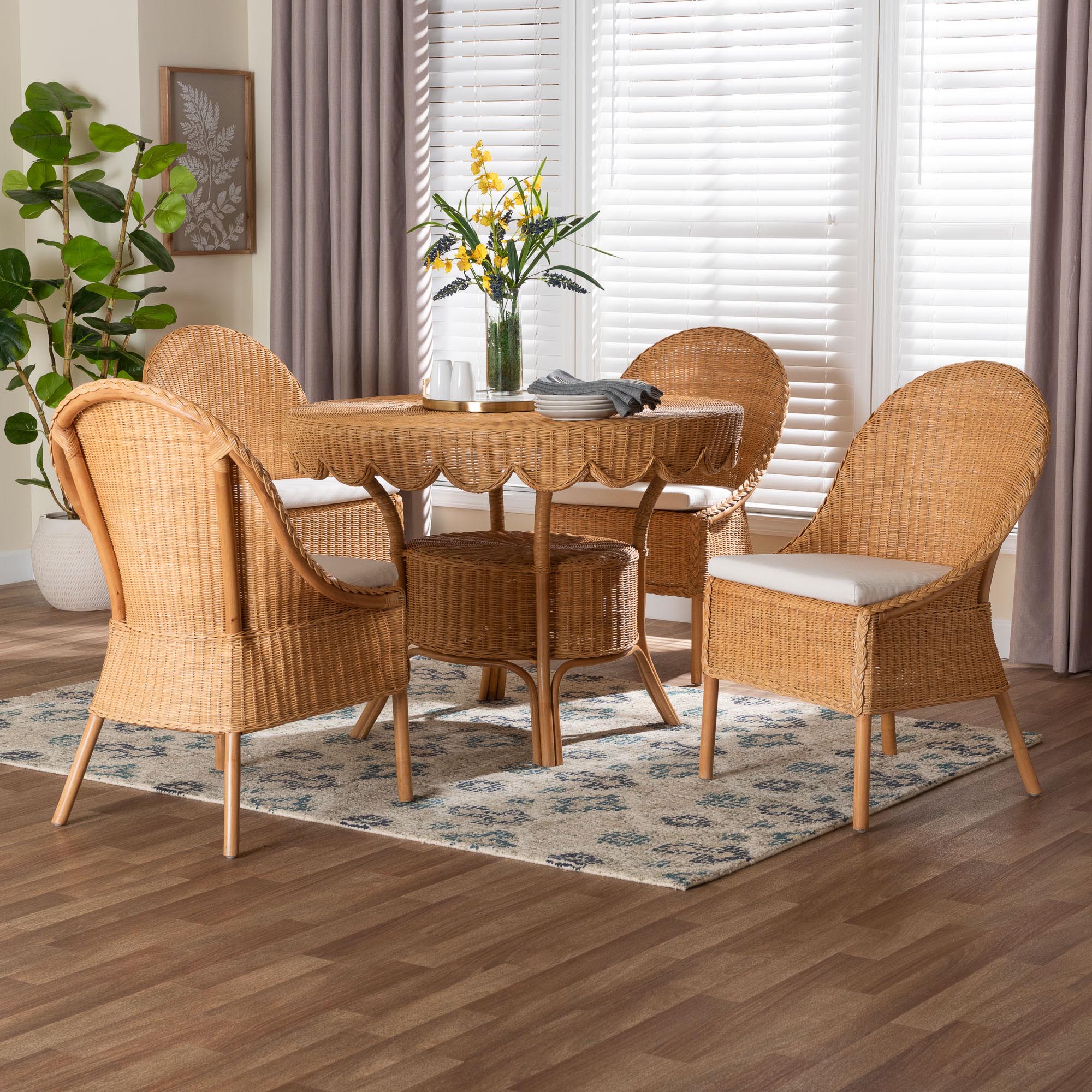 bali & pari Tyrone 5-Piece Rattan Dining Set - Round Wicker Table with Scallop Edge and 4 Side Chairs, Handwoven Boho Coastal Style for Dining, Kitchen or Sun Room, Light Honey