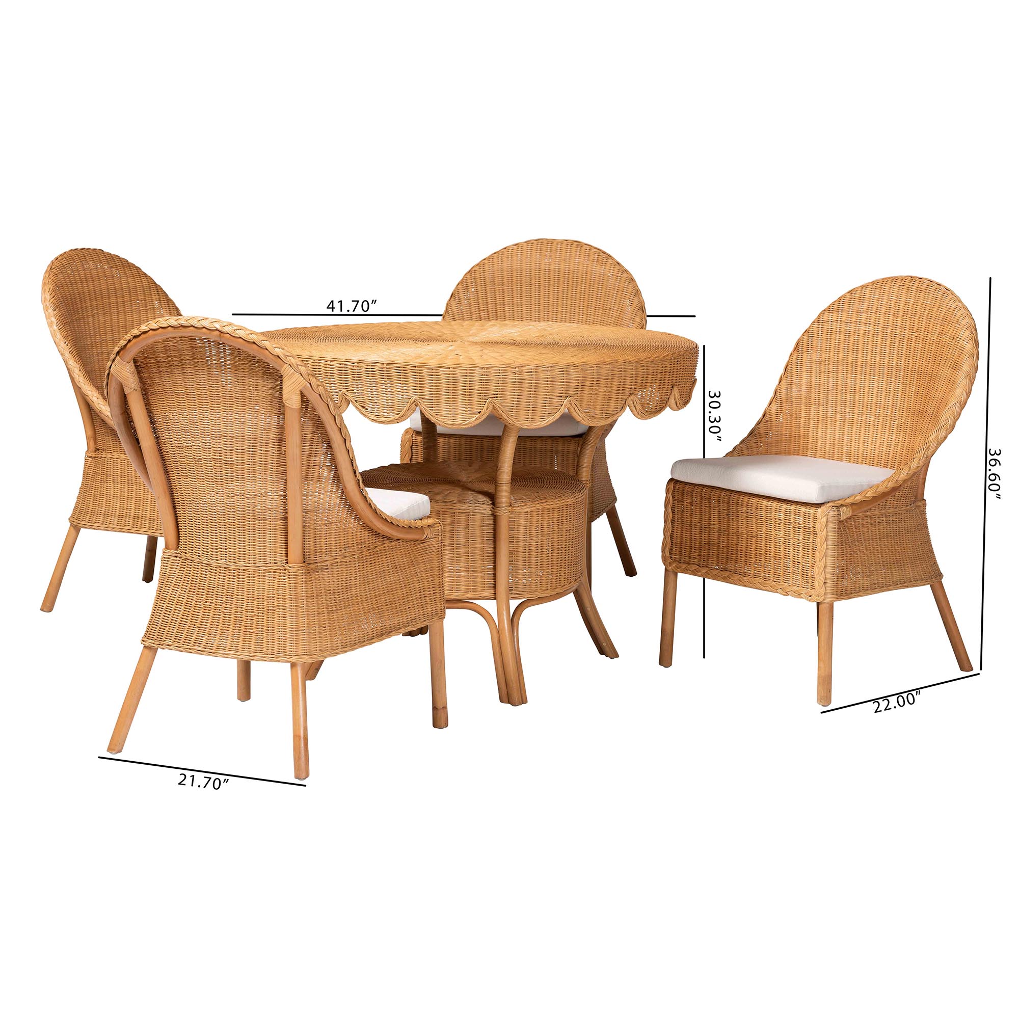 bali & pari Tyrone 5-Piece Rattan Dining Set - Round Wicker Table with Scallop Edge and 4 Side Chairs, Handwoven Boho Coastal Style for Dining, Kitchen or Sun Room, Light Honey