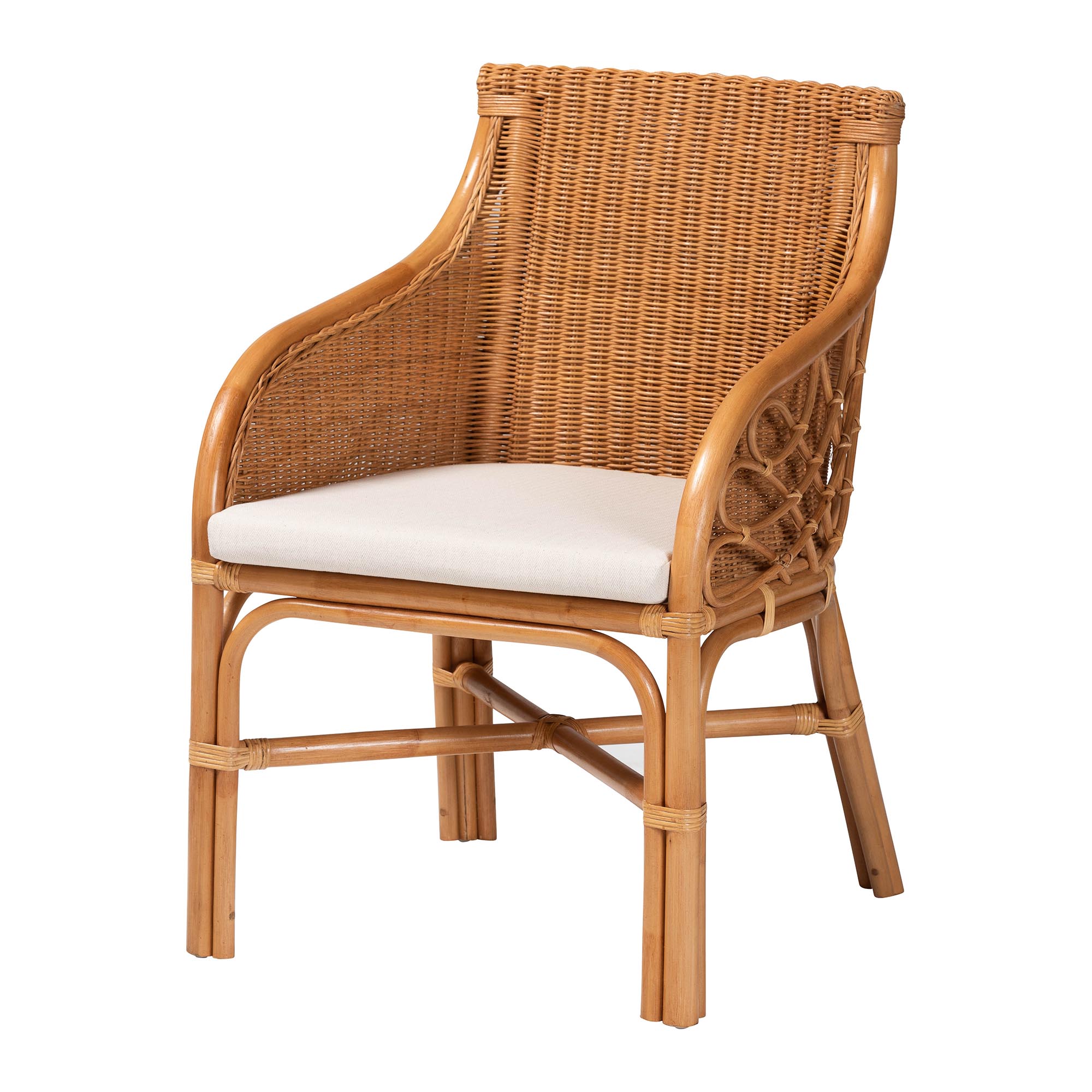 bali & pari Tudor 5-Piece Rattan Dining Set - Round Wicker Table with Scallop Edge and 4 Armchairs, Handwoven Boho Coastal Style for Dining, Kitchen or Sun Room, Light Honey