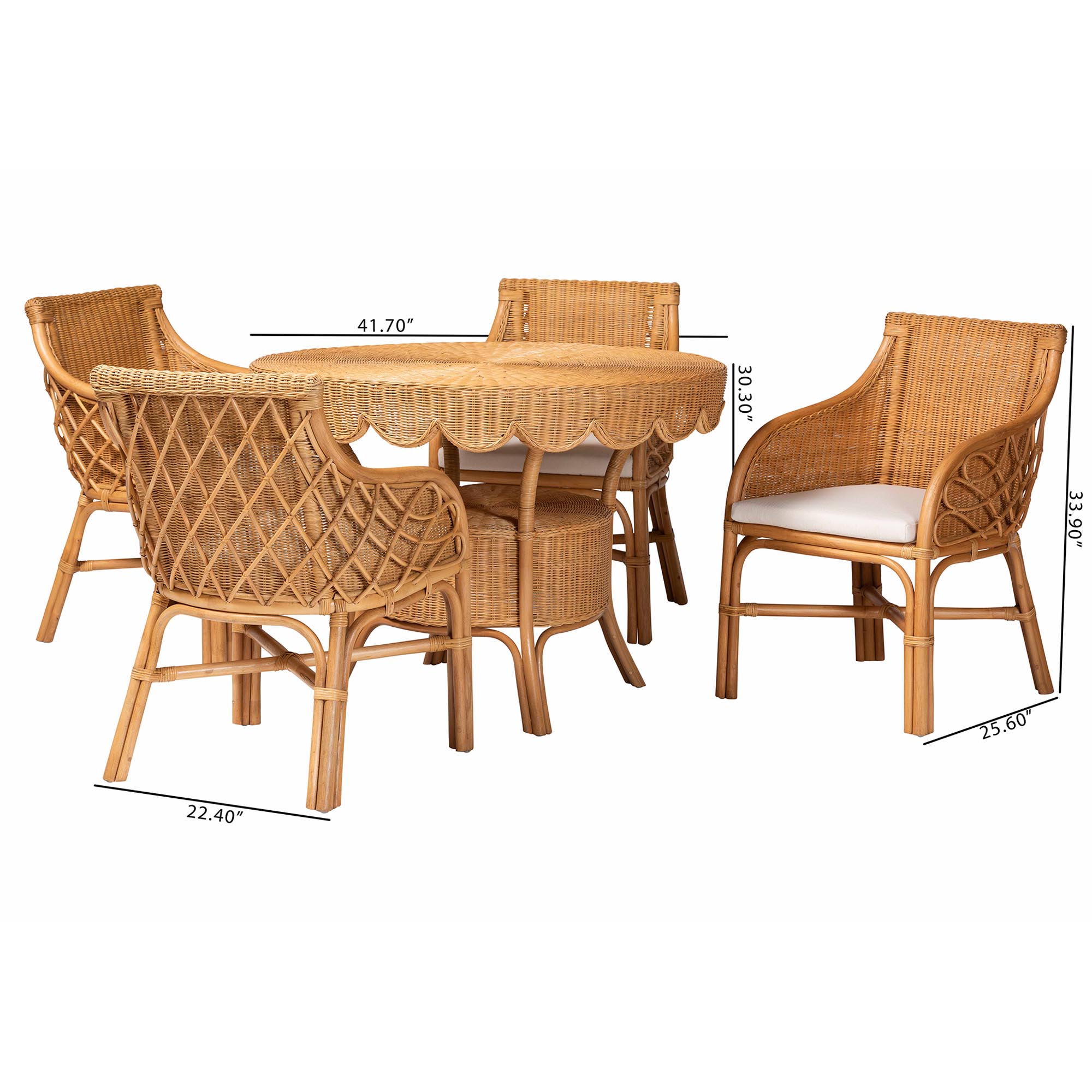 bali & pari Tudor 5-Piece Rattan Dining Set - Round Wicker Table with Scallop Edge and 4 Armchairs, Handwoven Boho Coastal Style for Dining, Kitchen or Sun Room, Light Honey
