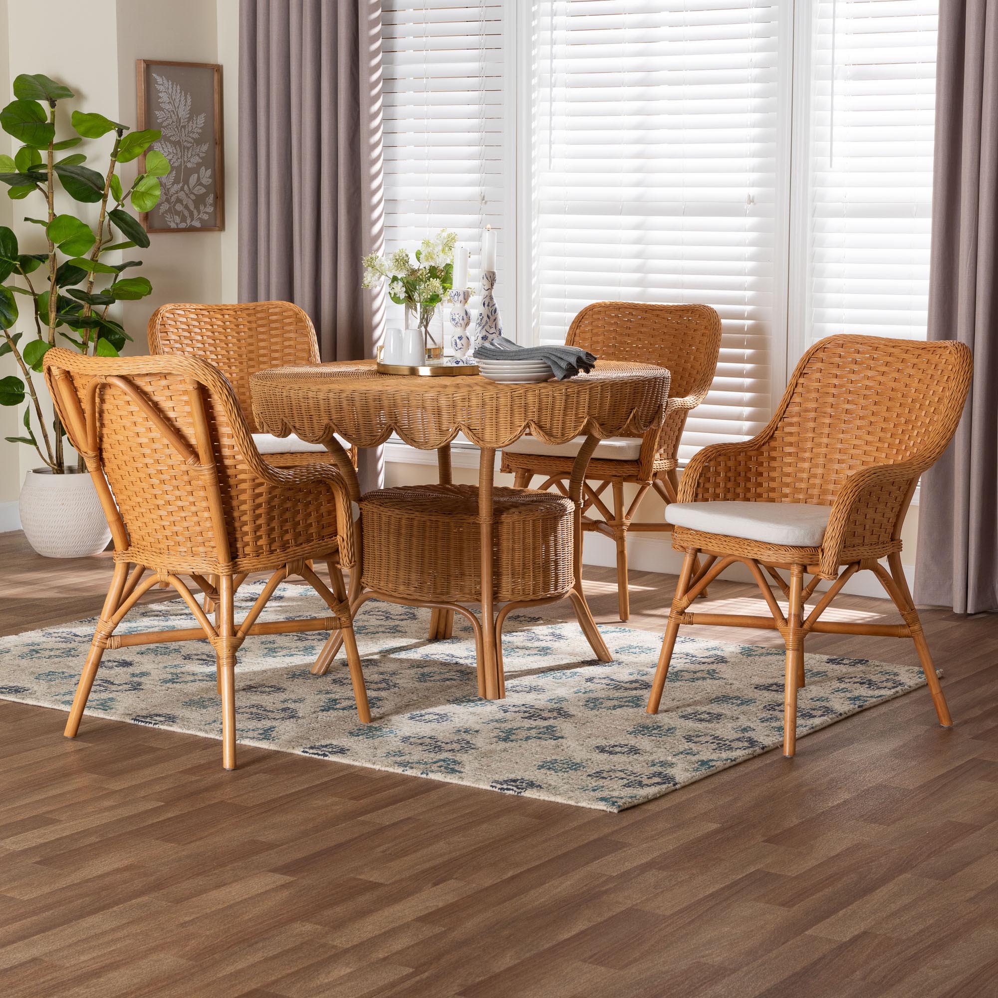 bali & pari Tucson 5-Piece Rattan Dining Set - Round Wicker Table with Scallop Edge and 4 Armchairs, Handwoven Boho Coastal Style for Dining, Kitchen or Sun Room, Light Honey