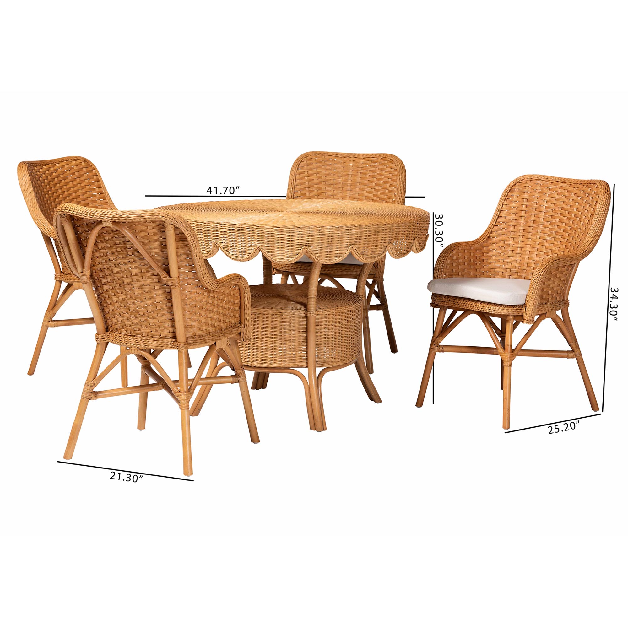bali & pari Tucson 5-Piece Rattan Dining Set - Round Wicker Table with Scallop Edge and 4 Armchairs, Handwoven Boho Coastal Style for Dining, Kitchen or Sun Room, Light Honey