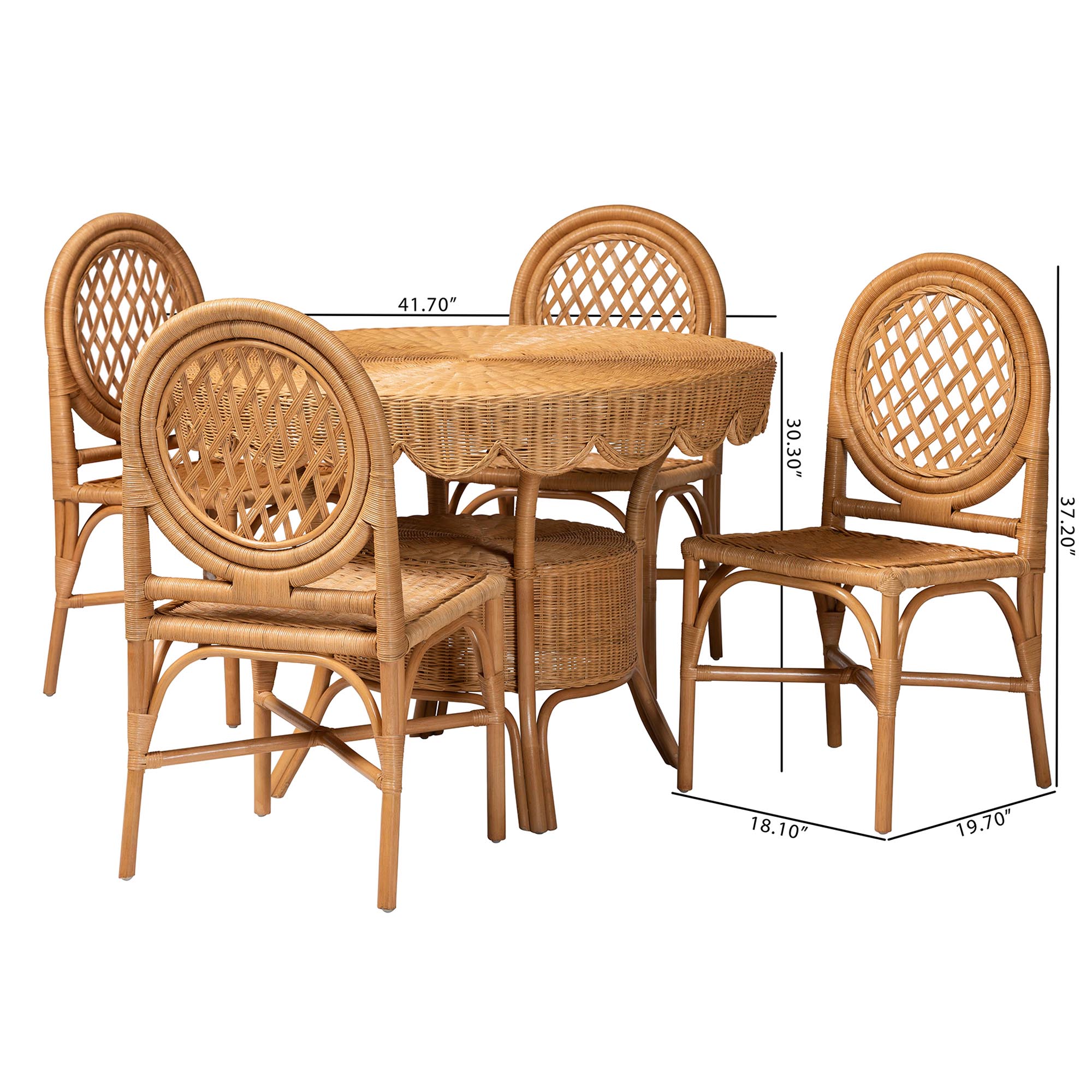bali & pari Troy 5-Piece Rattan Dining Set - Round Wicker Table with Scallop Edge and 4 Lattice Back Chairs, Handwoven Boho Coastal Style for Indoor Kitchen or Dining Room, Light Honey